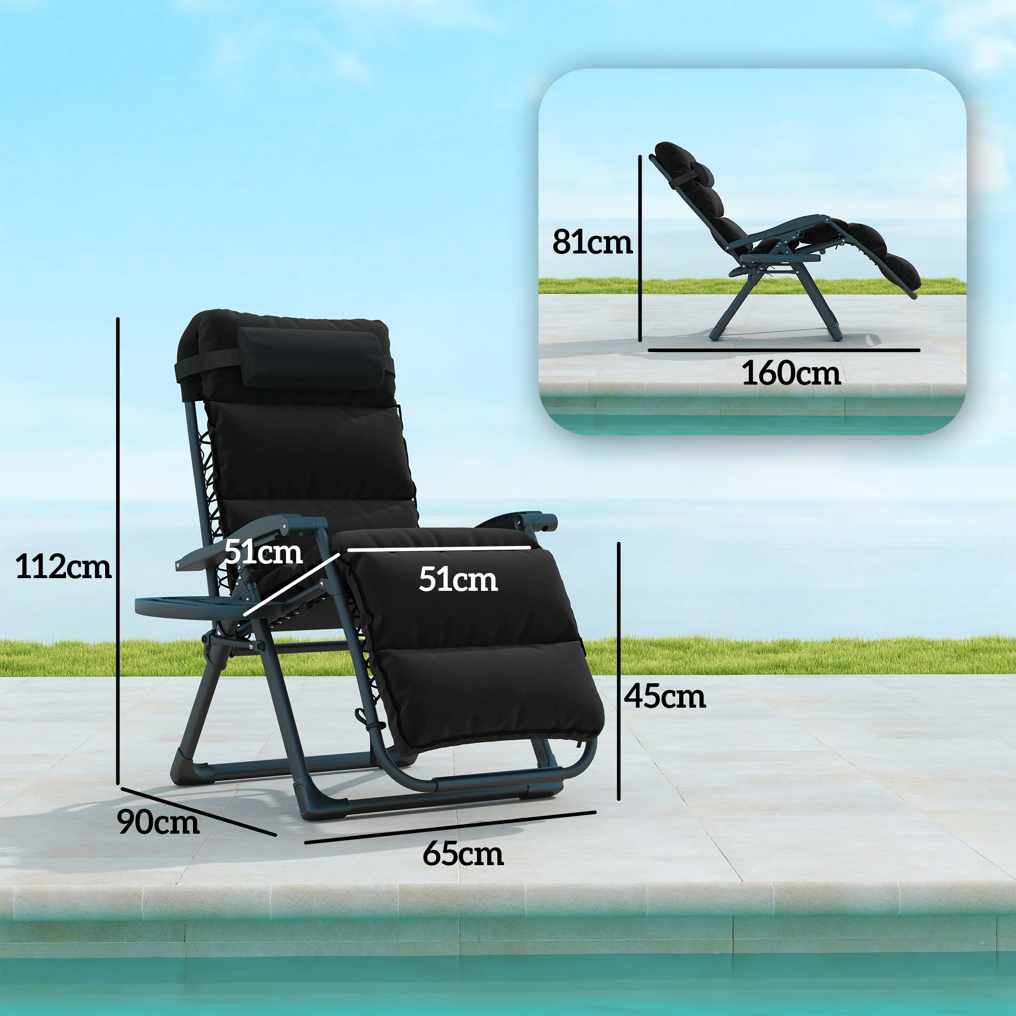 2 Piece Zero Gravity Folding Reclining Chair w/ Cushion, Headrest & Cupholder, Black - Image 5