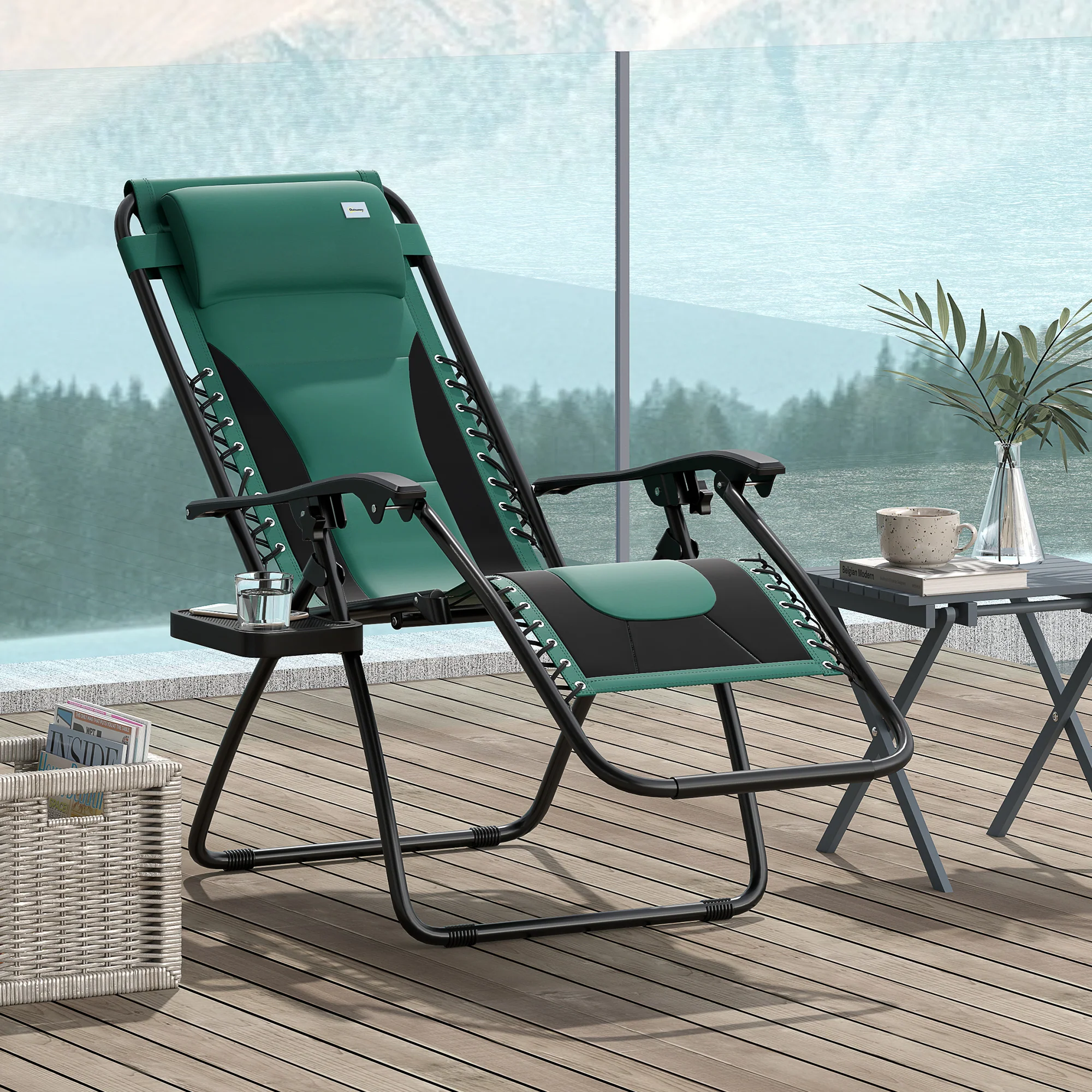 Zero Gravity Folding Reclining Chair w/ Padded Seat, Headrest & Cupholder, Green - Image 3