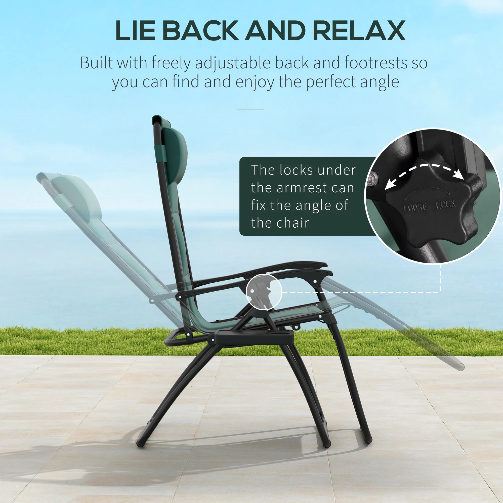 Zero Gravity Folding Reclining Chair w/ Padded Seat, Headrest & Cupholder, Green - Image 6