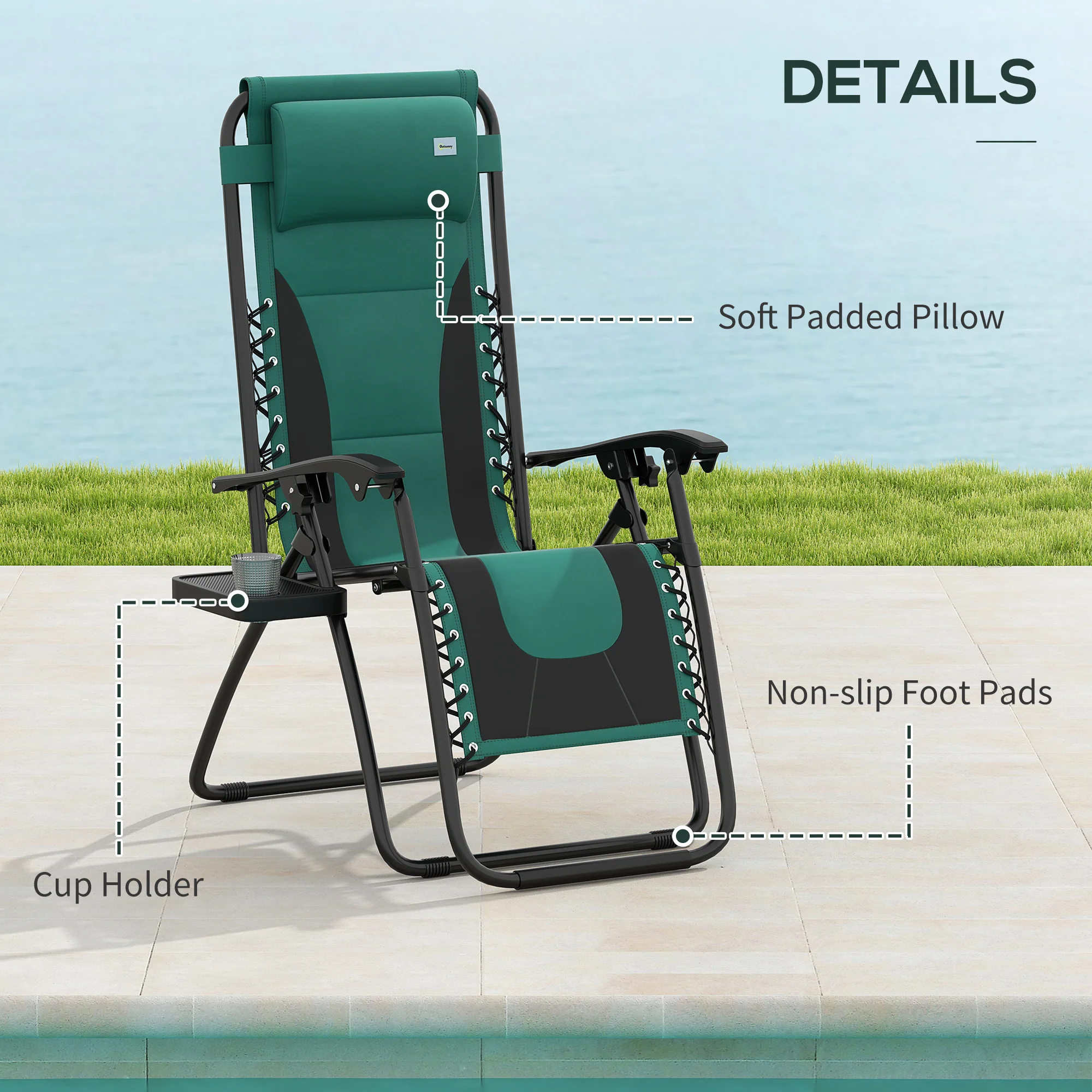 Zero Gravity Folding Reclining Chair w/ Padded Seat, Headrest & Cupholder, Green - Image 9