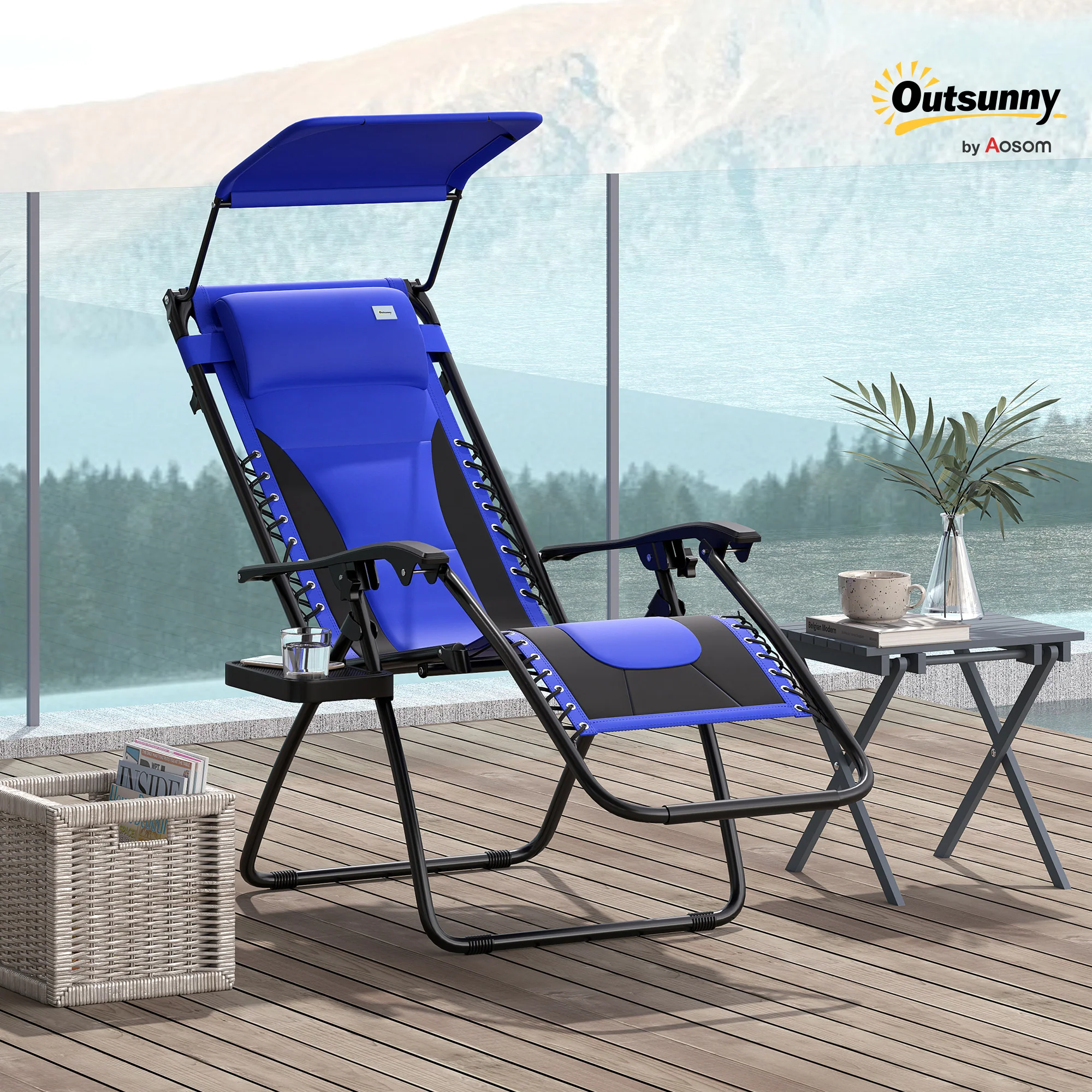 Zero Gravity Folding Reclining Chair w/ Shade Cover, Padded Seat & Cupholder, Blue - Image 3