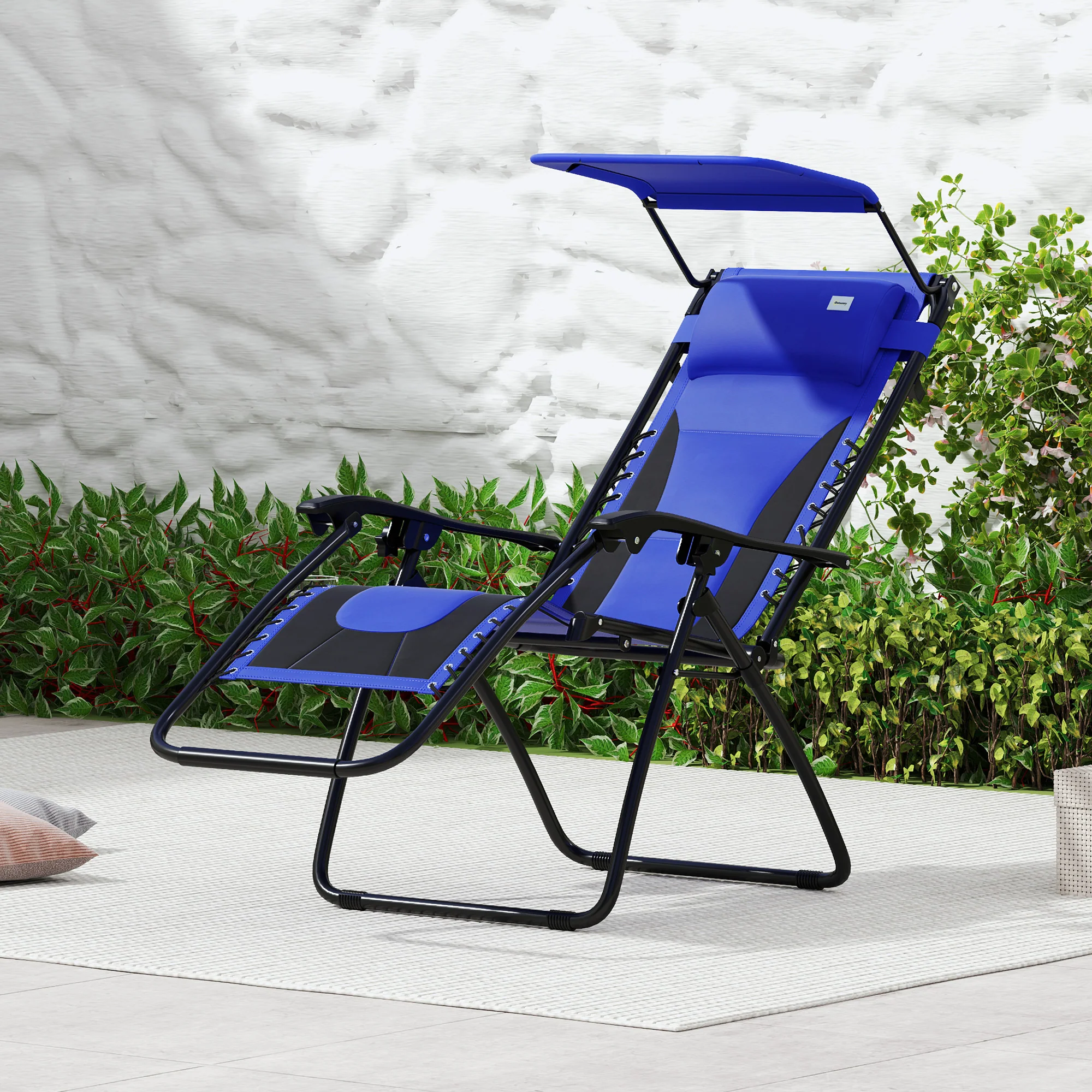 Zero Gravity Folding Reclining Chair w/ Shade Cover, Padded Seat & Cupholder, Blue - Image 4