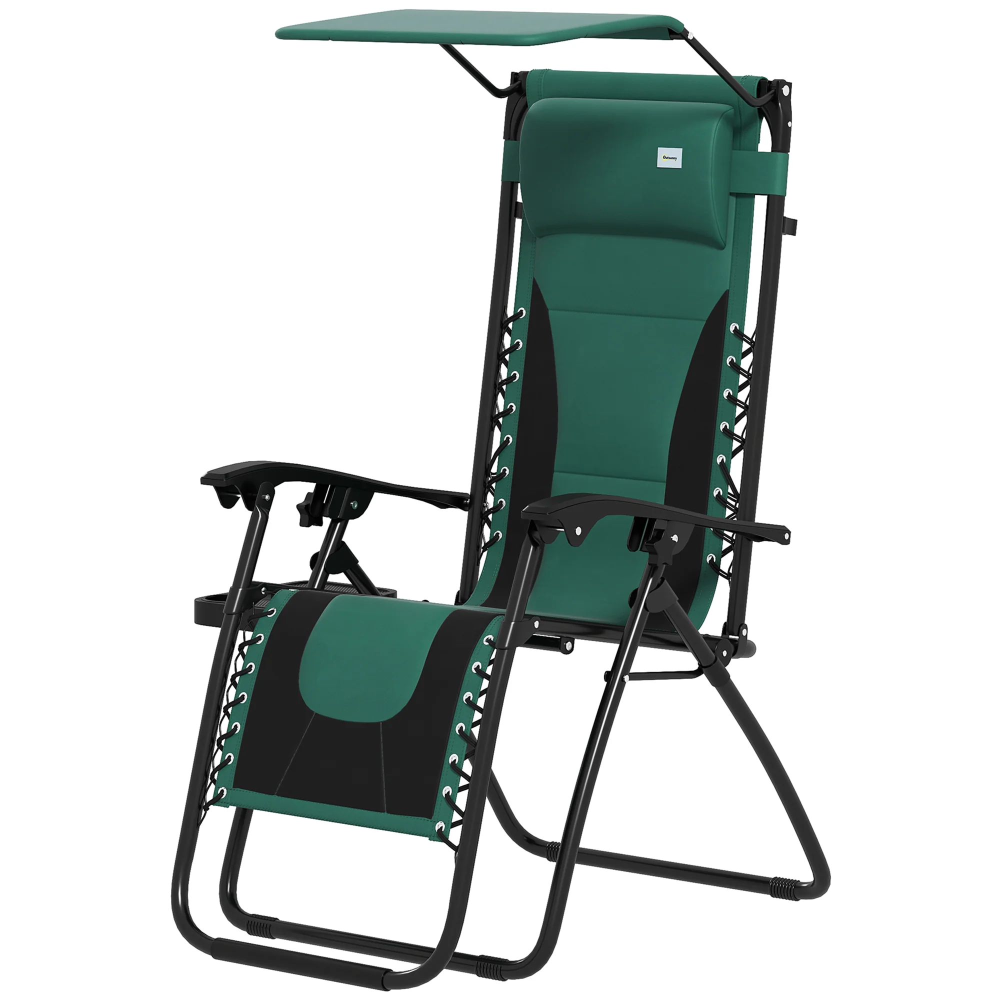 Zero Gravity Folding Reclining Chair w/ Shade Cover, Padded Seat & Cupholder, Green - Image 2