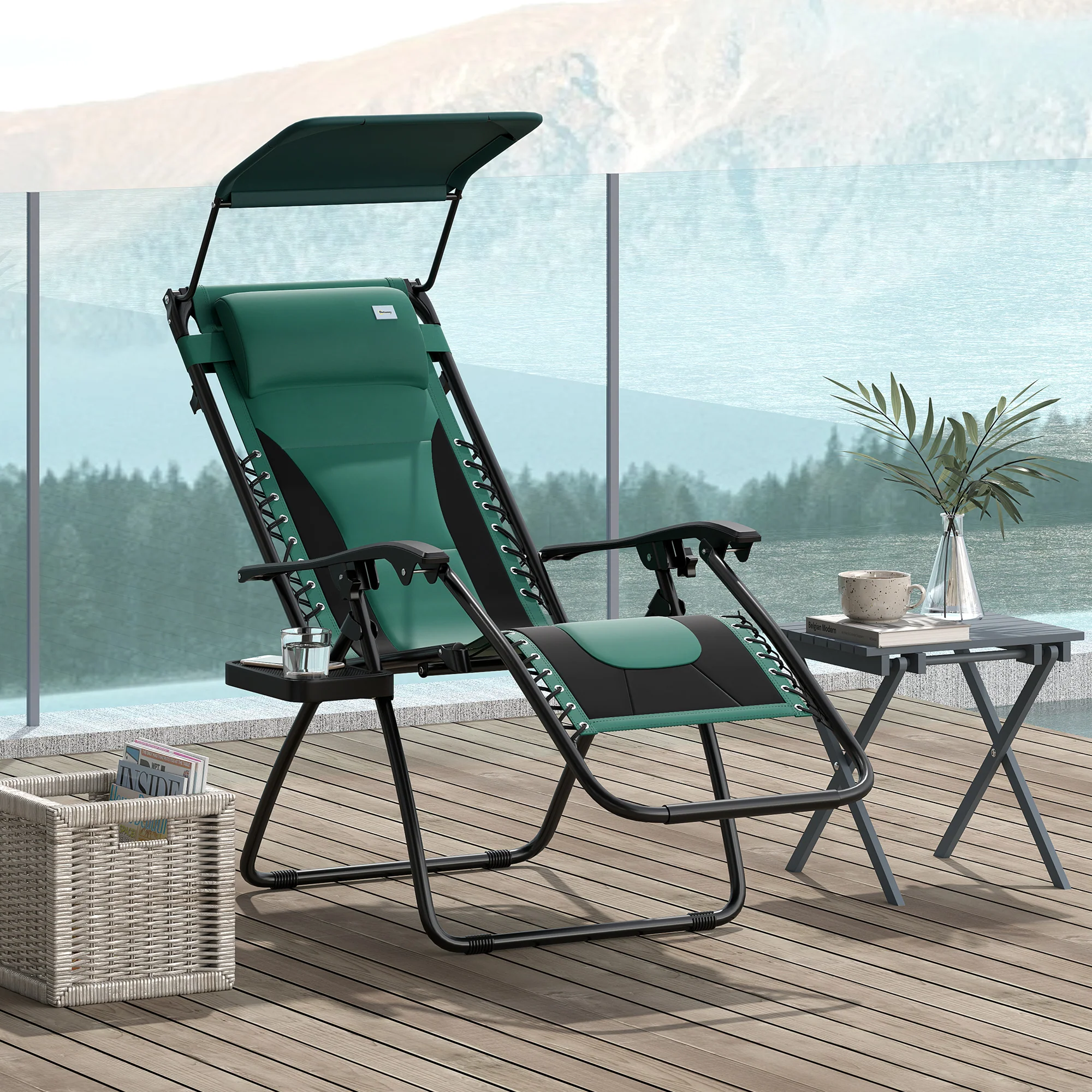 Zero Gravity Folding Reclining Chair w/ Shade Cover, Padded Seat & Cupholder, Green - Image 3