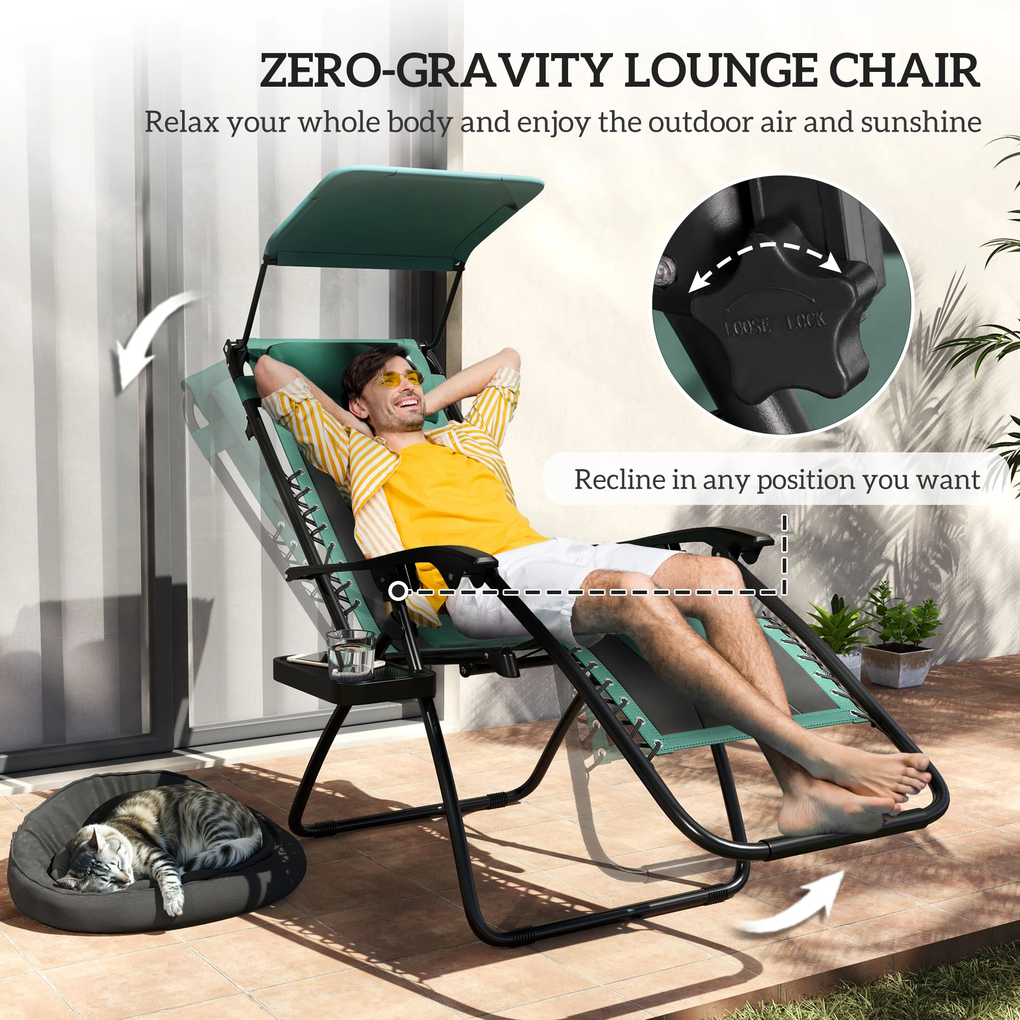 Zero Gravity Folding Reclining Chair w/ Shade Cover, Padded Seat & Cupholder, Green - Image 6