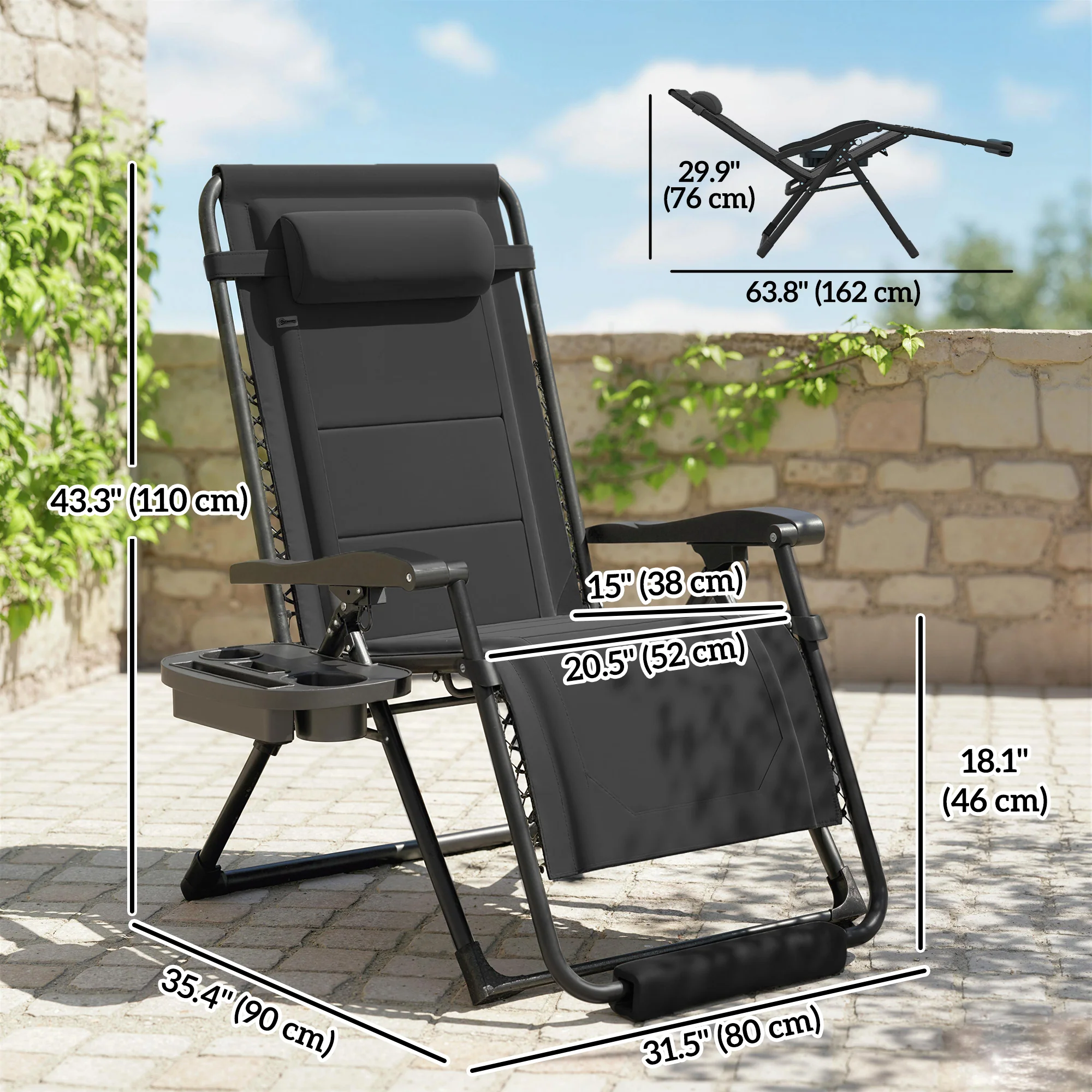 Zero Gravity Lounger Chair with Cup Holder, 400 LBS Capacity, Black - Image 5