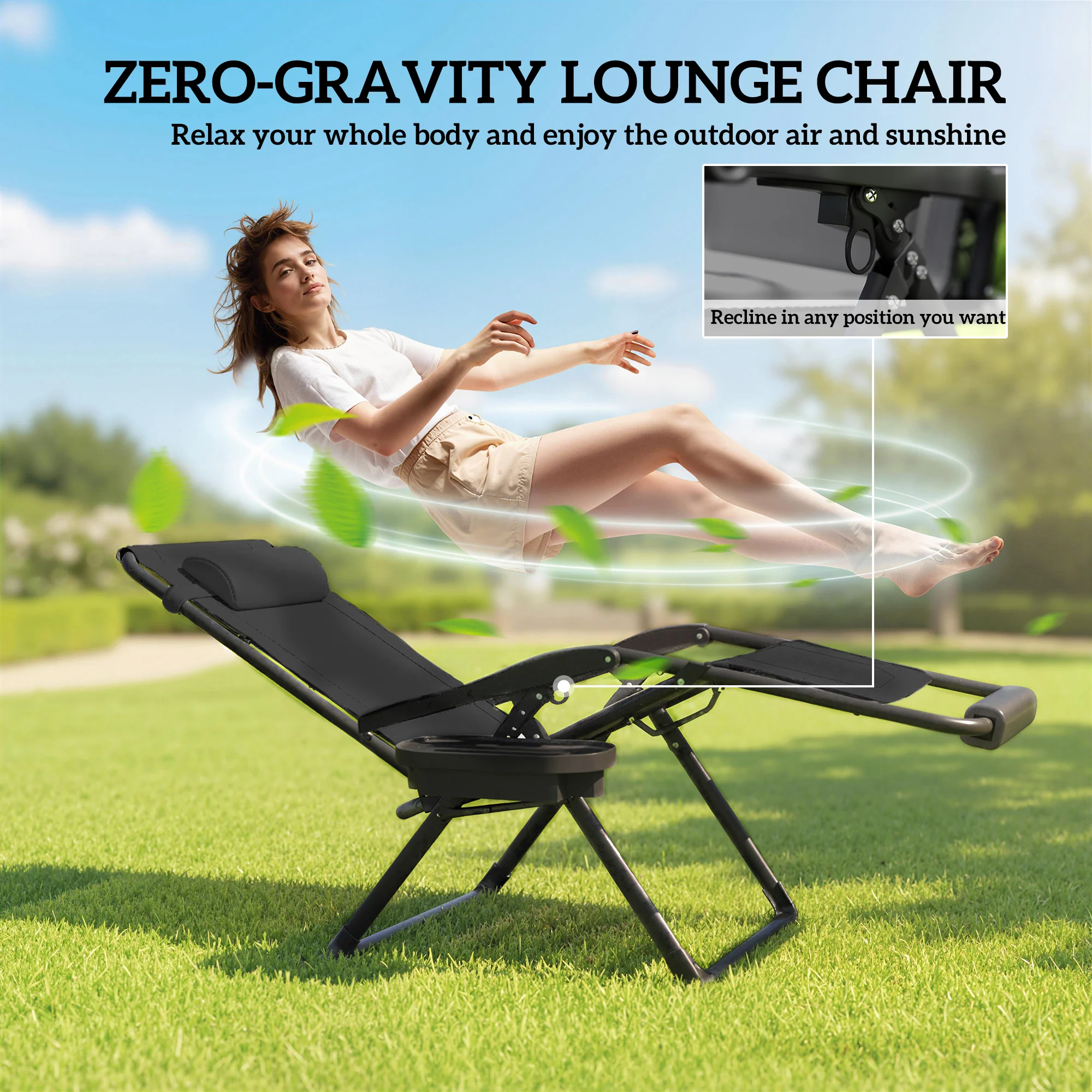 Zero Gravity Lounger Chair with Cup Holder, 400 LBS Capacity, Black - Image 6
