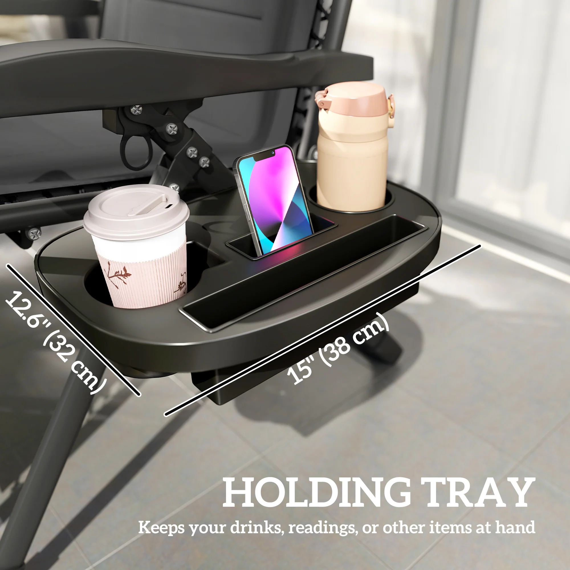 Zero Gravity Lounger Chair with Cup Holder, 400 LBS Capacity, Black - Image 7
