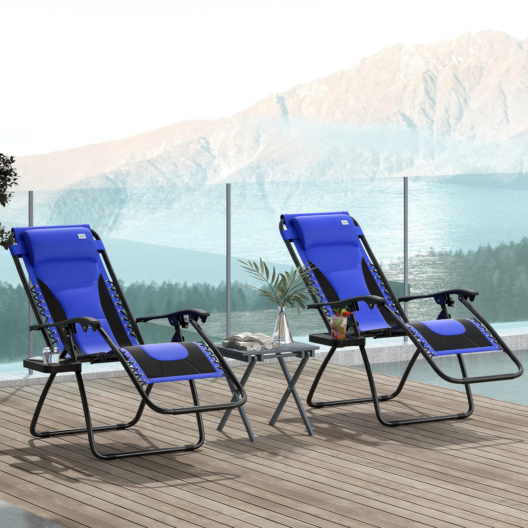 2 Piece Zero Gravity Folding Reclining Chair w/ Padded Seat, Headrest & Cupholder, Blue - Image 3