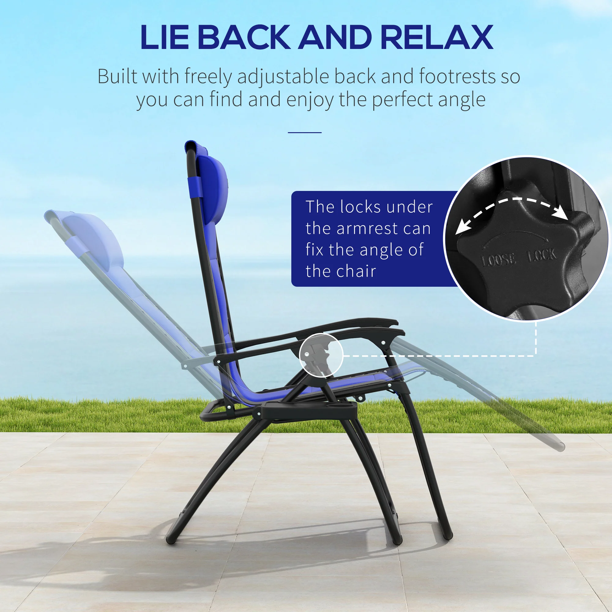 2 Piece Zero Gravity Folding Reclining Chair w/ Padded Seat, Headrest & Cupholder, Blue - Image 6