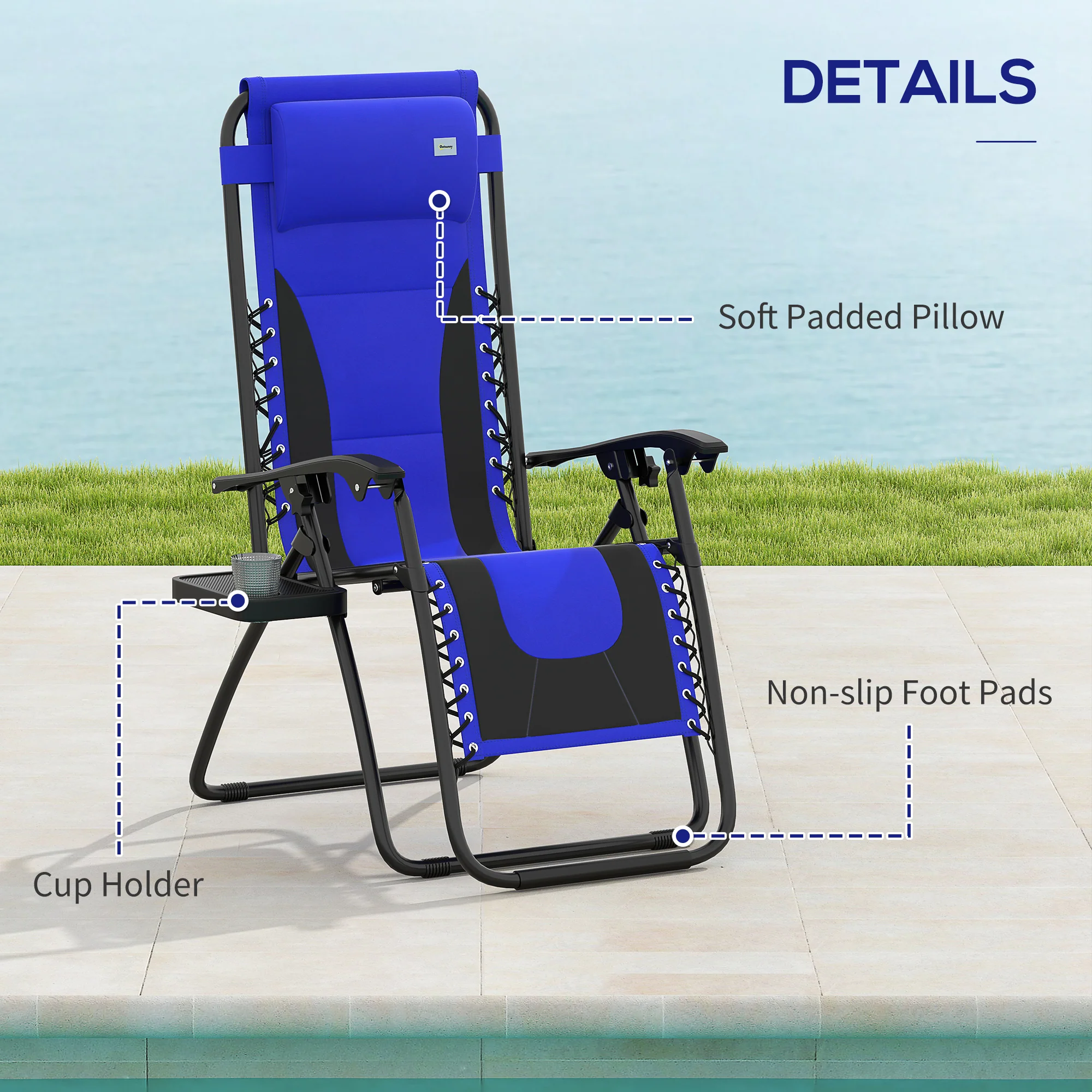 2 Piece Zero Gravity Folding Reclining Chair w/ Padded Seat, Headrest & Cupholder, Blue - Image 9