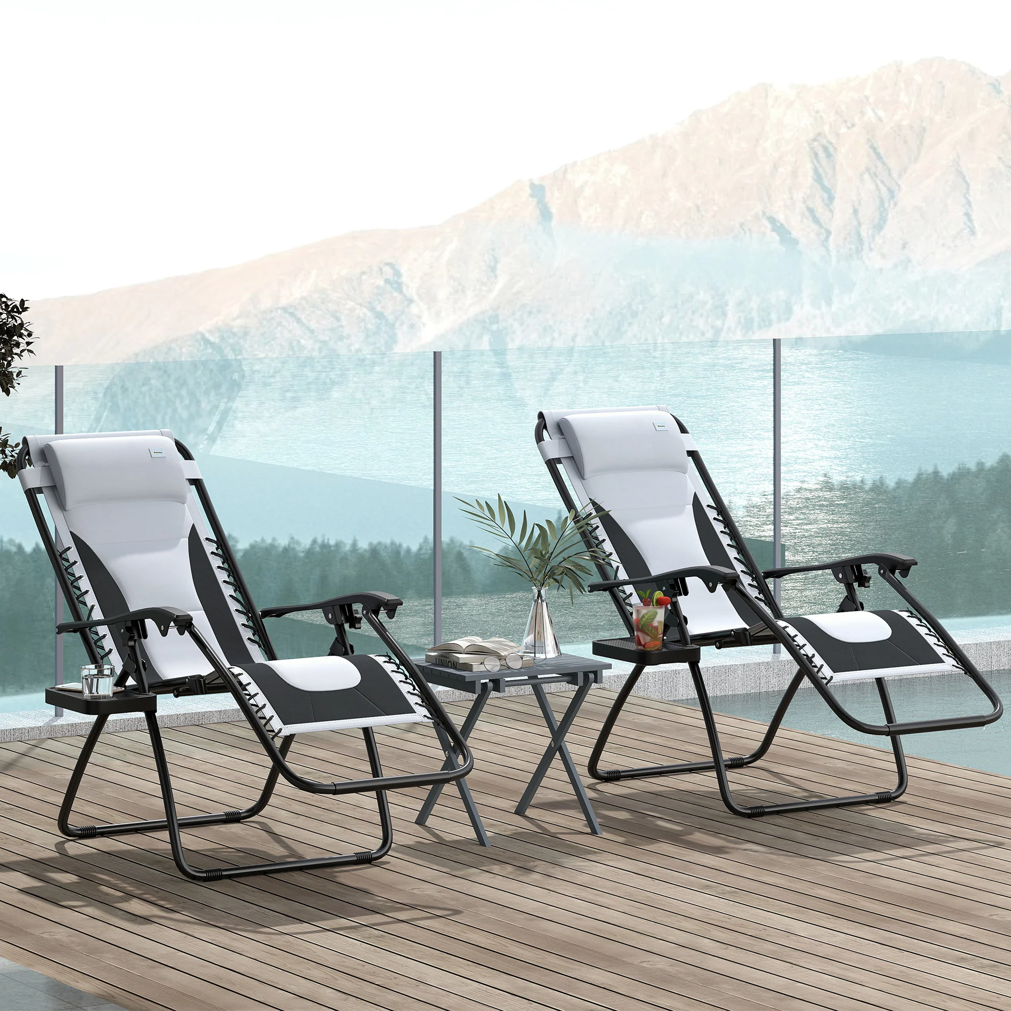 2 Piece Zero Gravity Folding Reclining Chair w/ Padded Seat, Headrest & Cupholder, Grey - Image 3