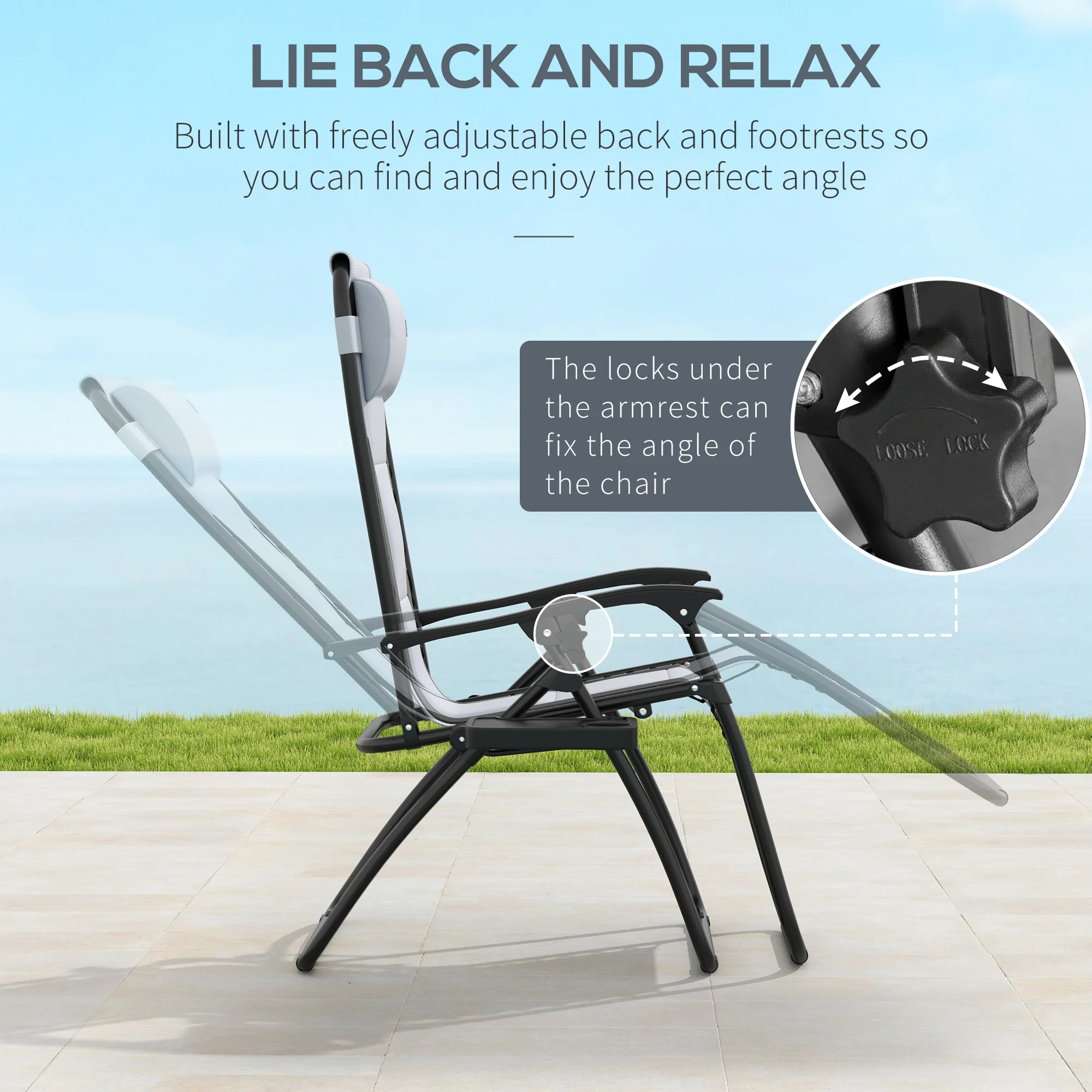 2 Piece Zero Gravity Folding Reclining Chair w/ Padded Seat, Headrest & Cupholder, Grey - Image 6
