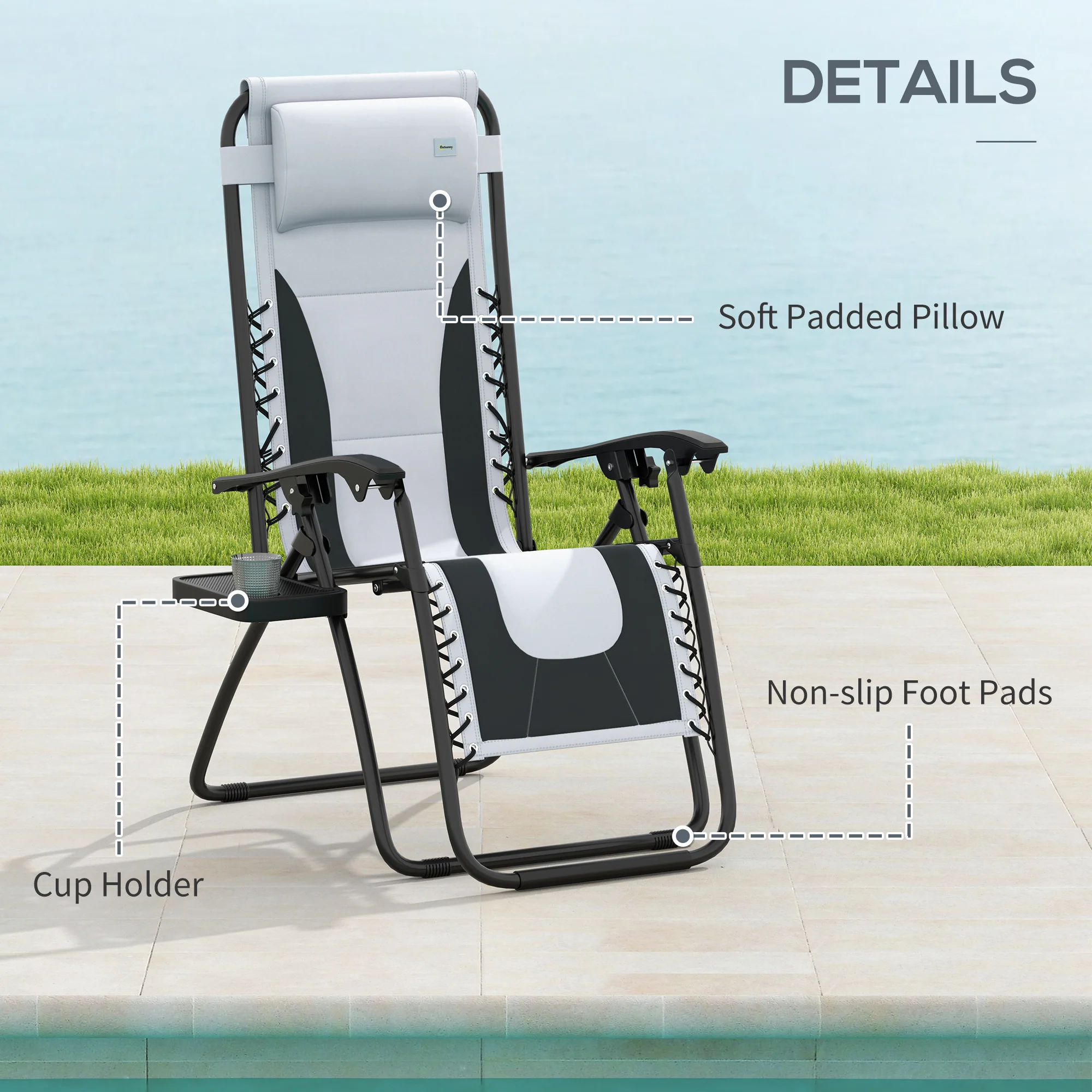 2 Piece Zero Gravity Folding Reclining Chair w/ Padded Seat, Headrest & Cupholder, Grey - Image 9