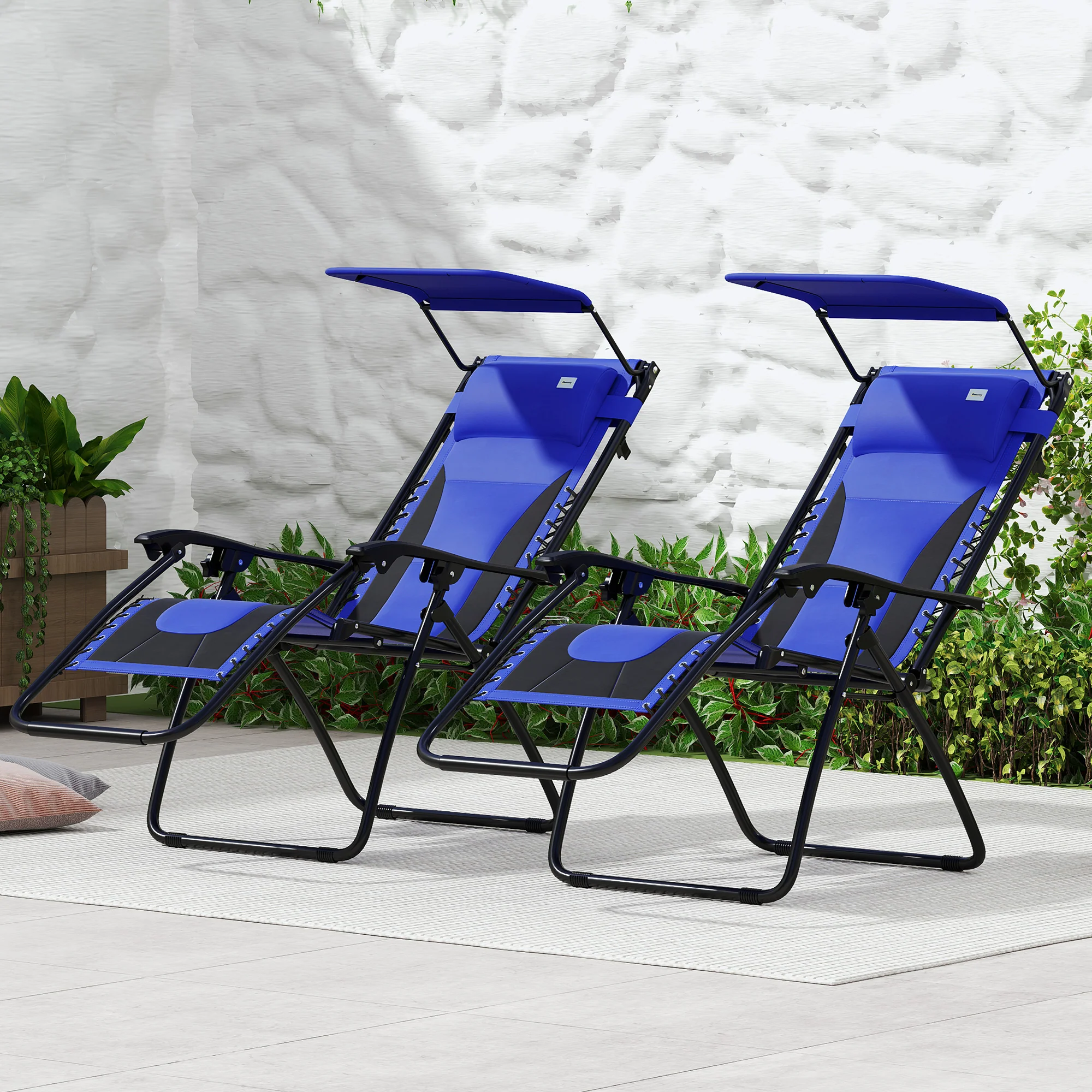 2 Piece Zero Gravity Folding Reclining Chair w/ Shade Cover, Padded Seat & Cupholder, Blue - Image 4