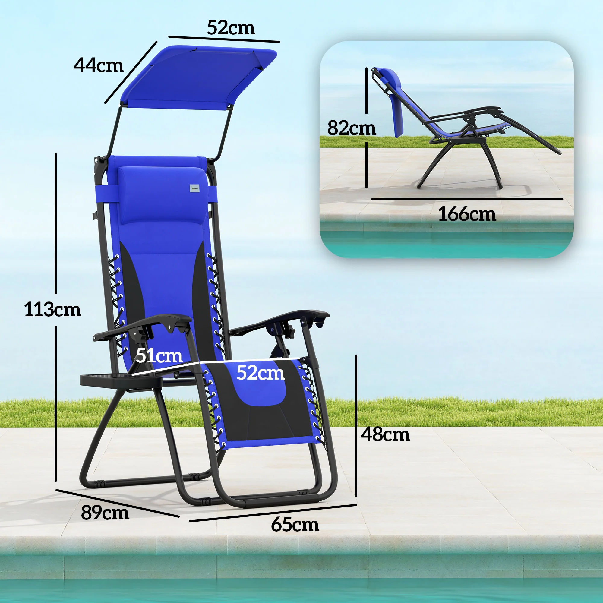 2 Piece Zero Gravity Folding Reclining Chair w/ Shade Cover, Padded Seat & Cupholder, Blue - Image 5
