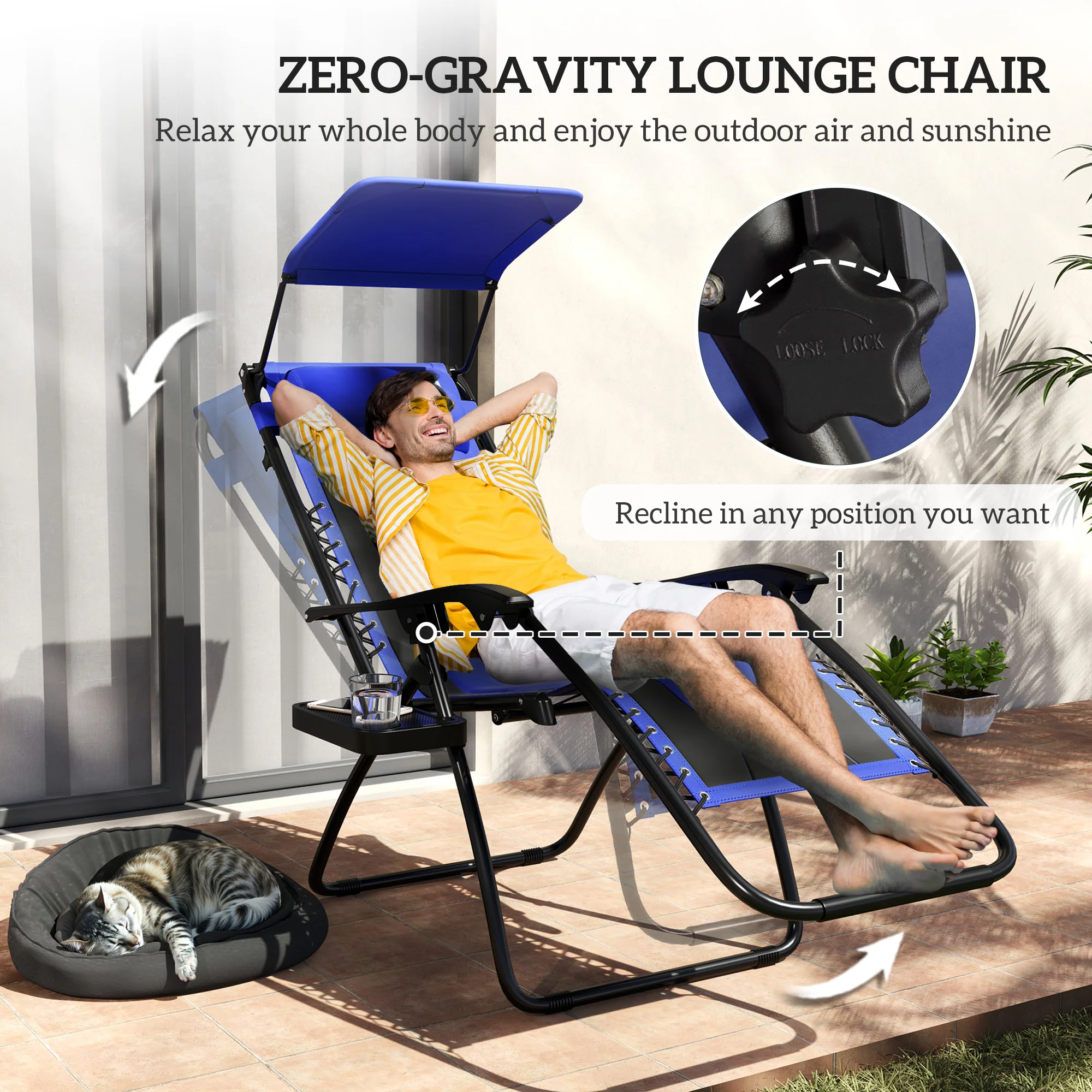 2 Piece Zero Gravity Folding Reclining Chair w/ Shade Cover, Padded Seat & Cupholder, Blue - Image 6
