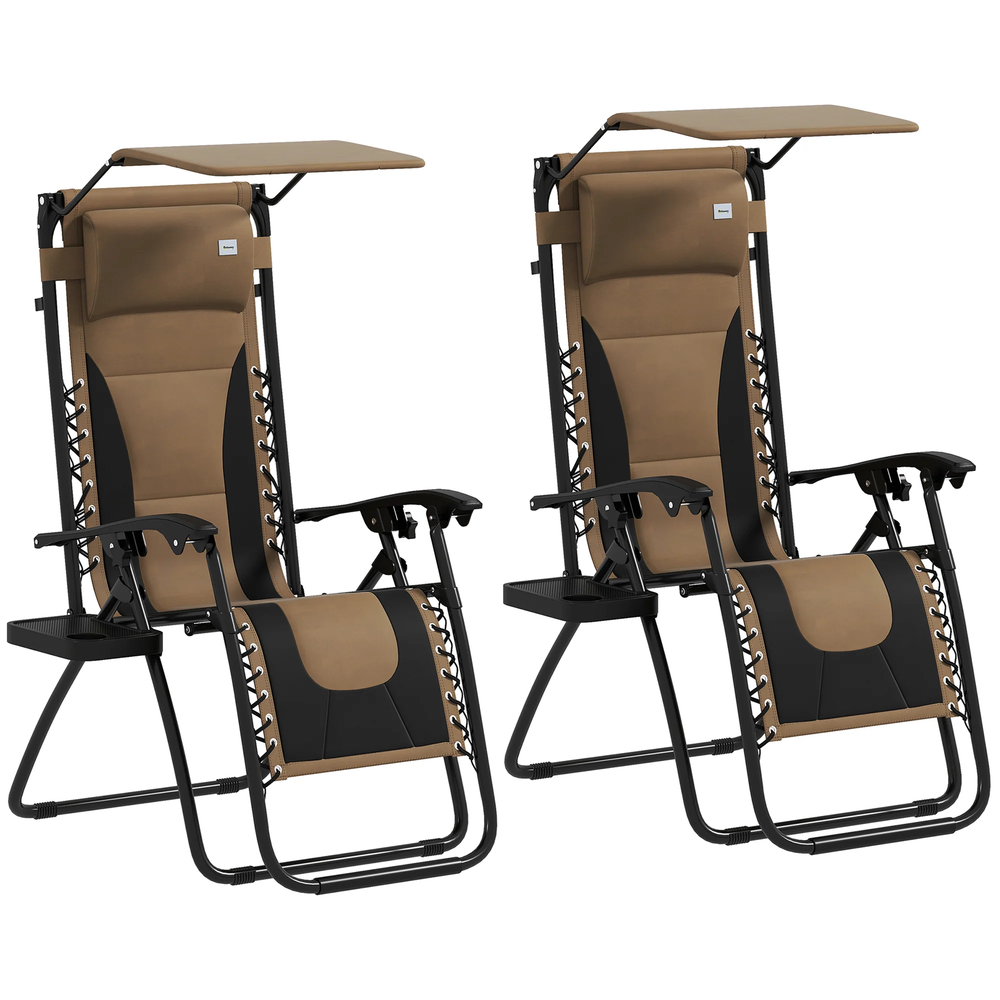 2 Piece Zero Gravity Folding Reclining Chair w/ Shade Cover, Padded Seat & Cupholder, Coffee - Image 12