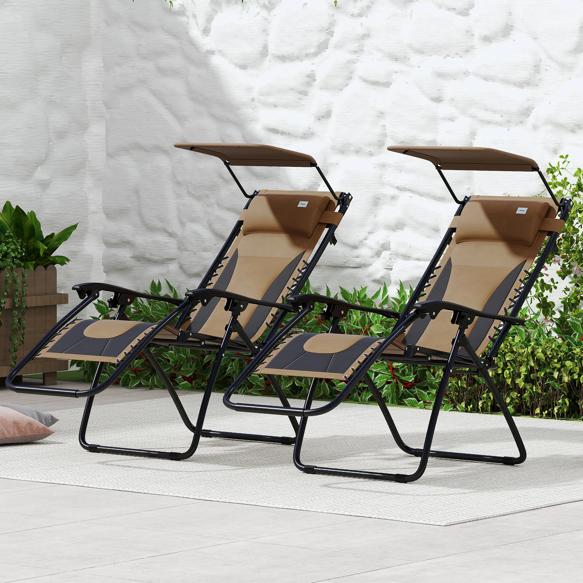 2 Piece Zero Gravity Folding Reclining Chair w/ Shade Cover, Padded Seat & Cupholder, Coffee - Image 4