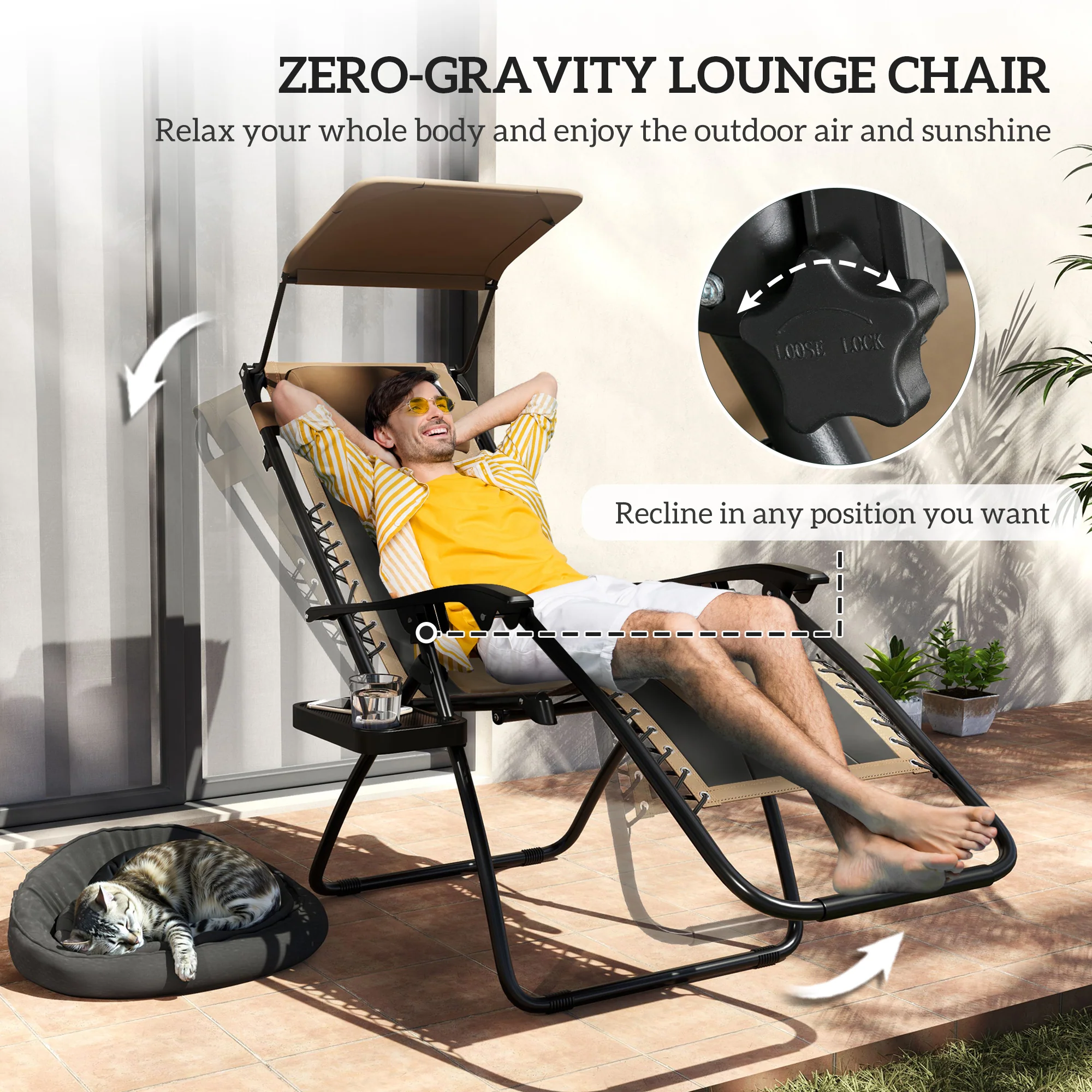 2 Piece Zero Gravity Folding Reclining Chair w/ Shade Cover, Padded Seat & Cupholder, Coffee - Image 6