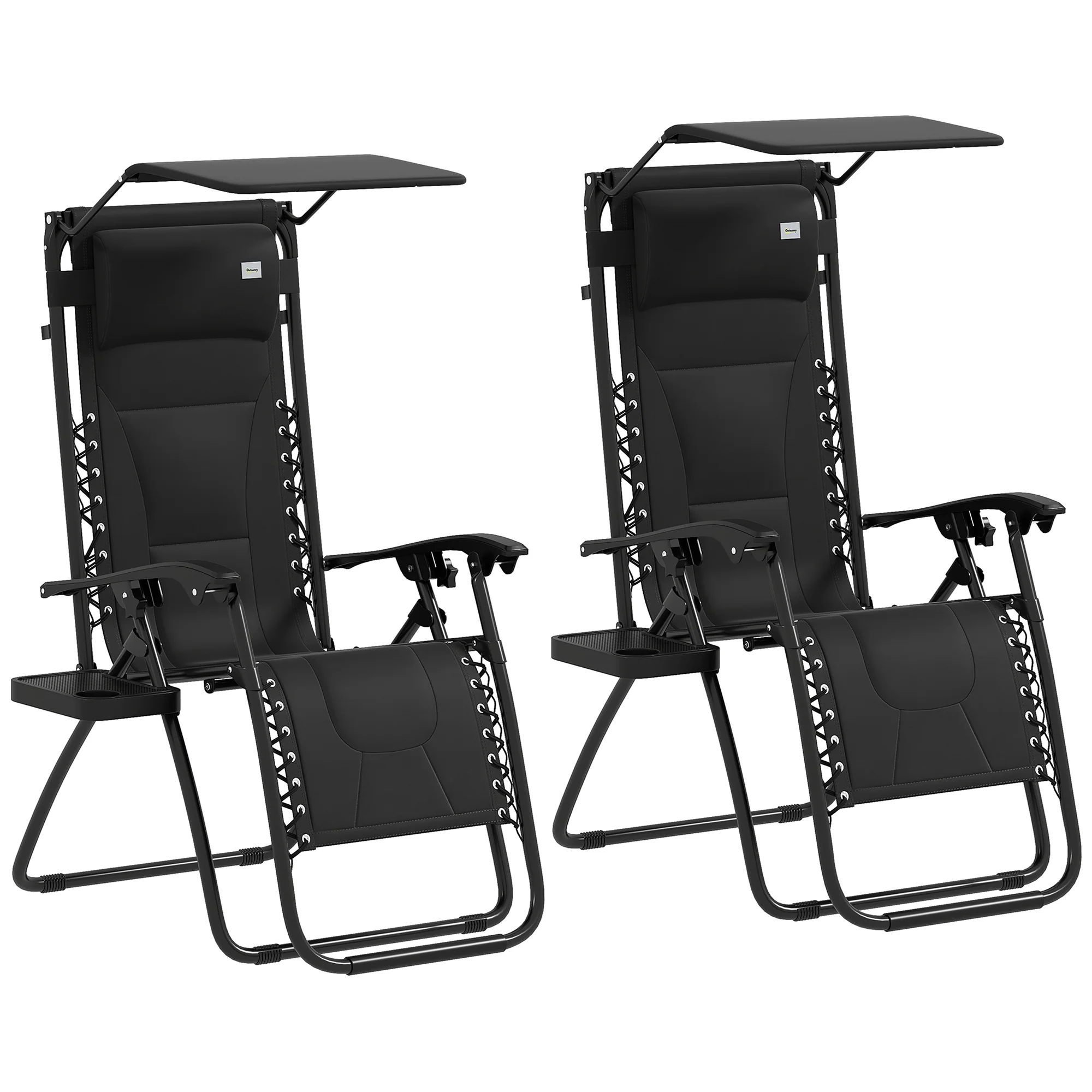 2 Piece Zero Gravity Folding Reclining Chair w/ Shade Cover, Padded Seat & Cupholder, Black - Image 12