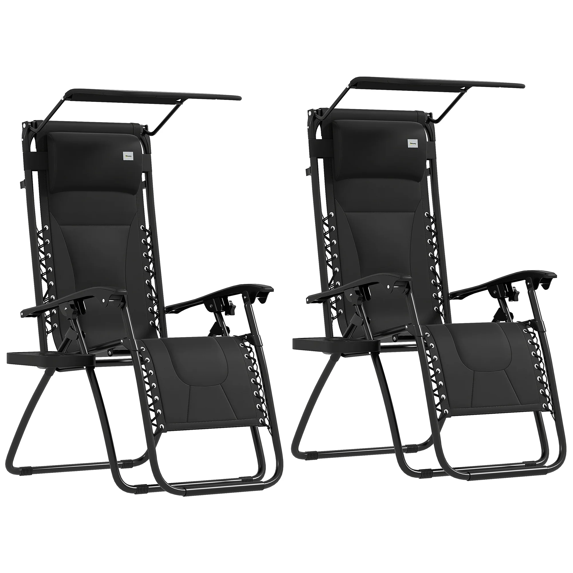 2 Piece Zero Gravity Folding Reclining Chair w/ Shade Cover, Padded Seat & Cupholder, Black - Image 2