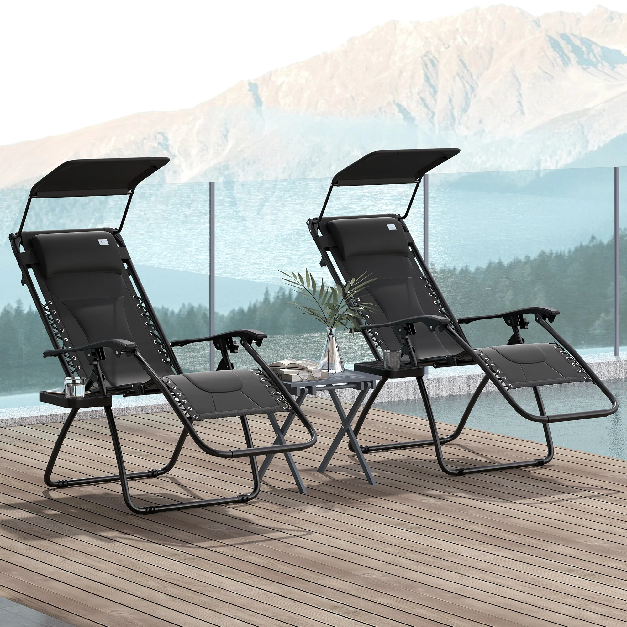 2 Piece Zero Gravity Folding Reclining Chair w/ Shade Cover, Padded Seat & Cupholder, Black - Image 3