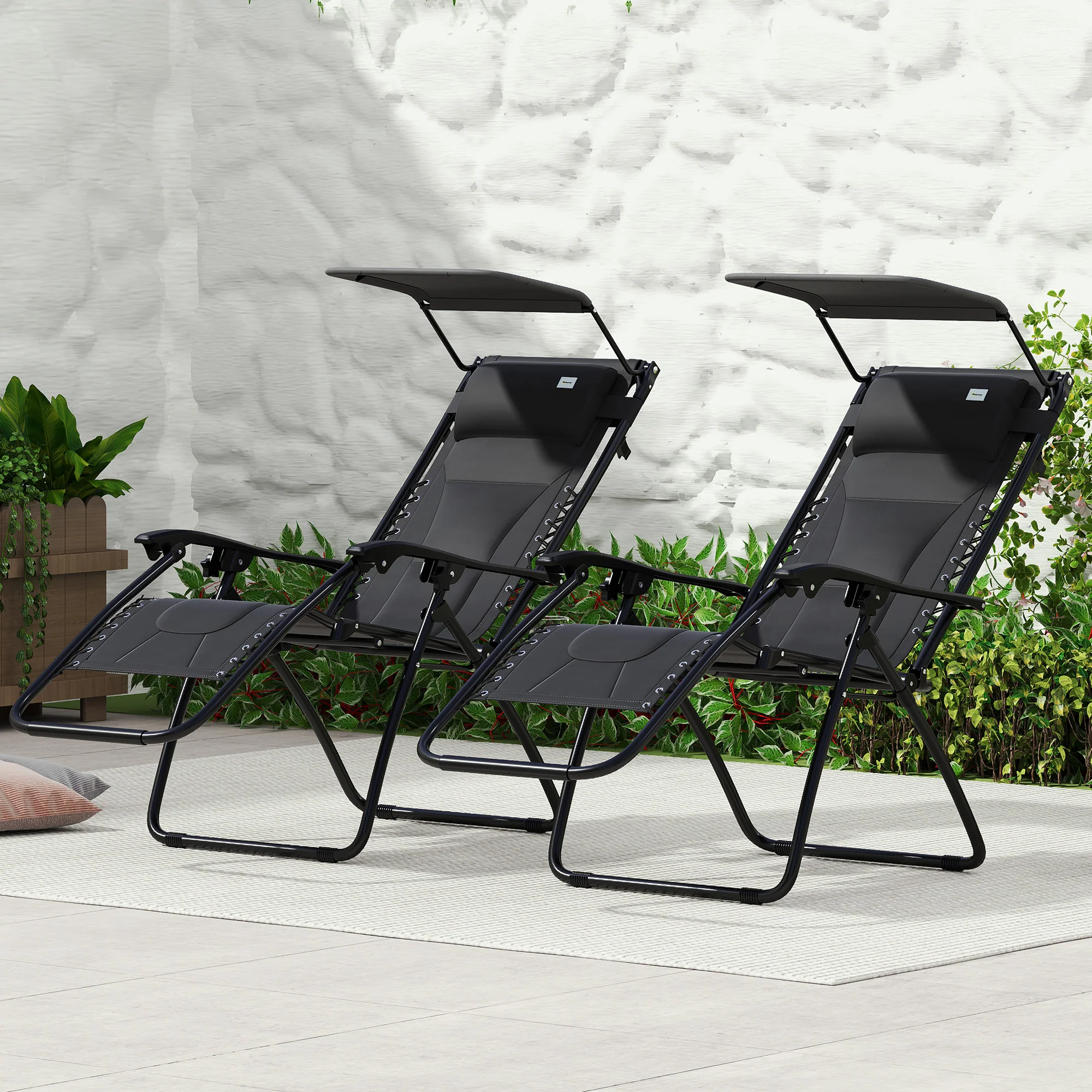 2 Piece Zero Gravity Folding Reclining Chair w/ Shade Cover, Padded Seat & Cupholder, Black - Image 4