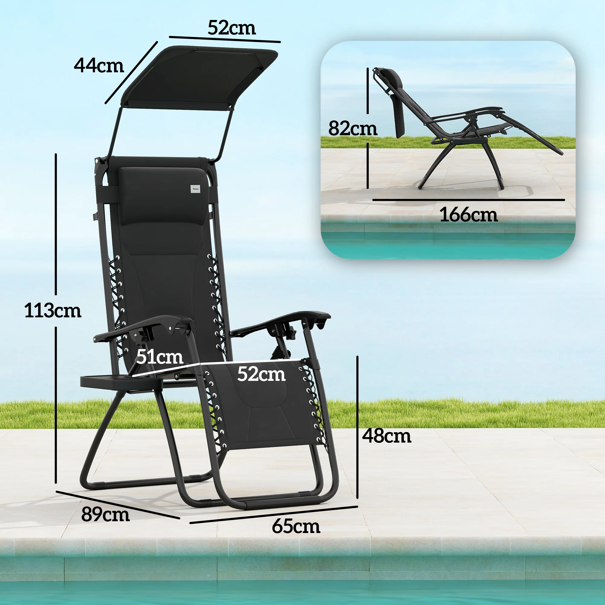 2 Piece Zero Gravity Folding Reclining Chair w/ Shade Cover, Padded Seat & Cupholder, Black - Image 5