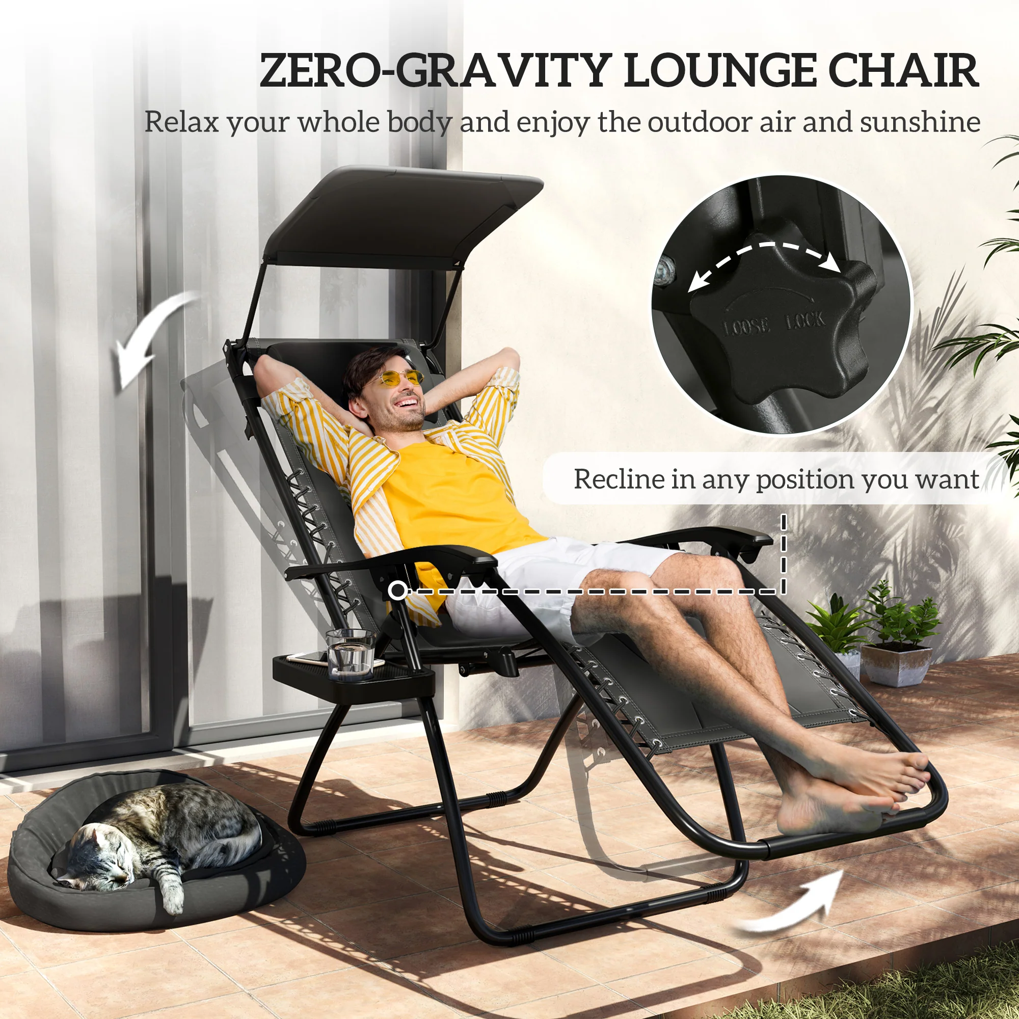 2 Piece Zero Gravity Folding Reclining Chair w/ Shade Cover, Padded Seat & Cupholder, Black - Image 6