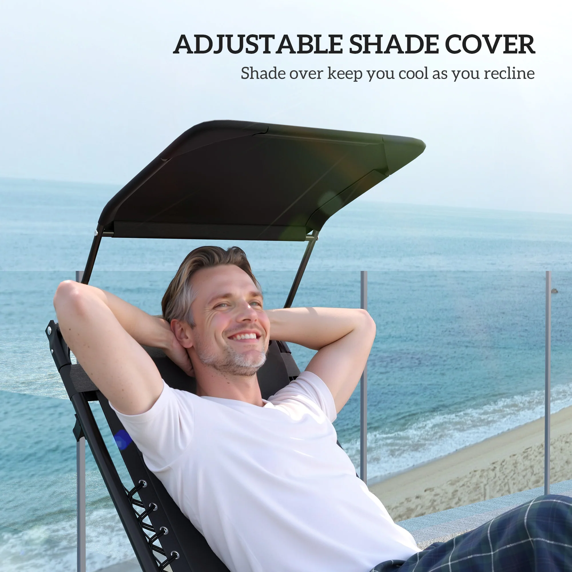 2 Piece Zero Gravity Folding Reclining Chair w/ Shade Cover, Padded Seat & Cupholder, Black - Image 8