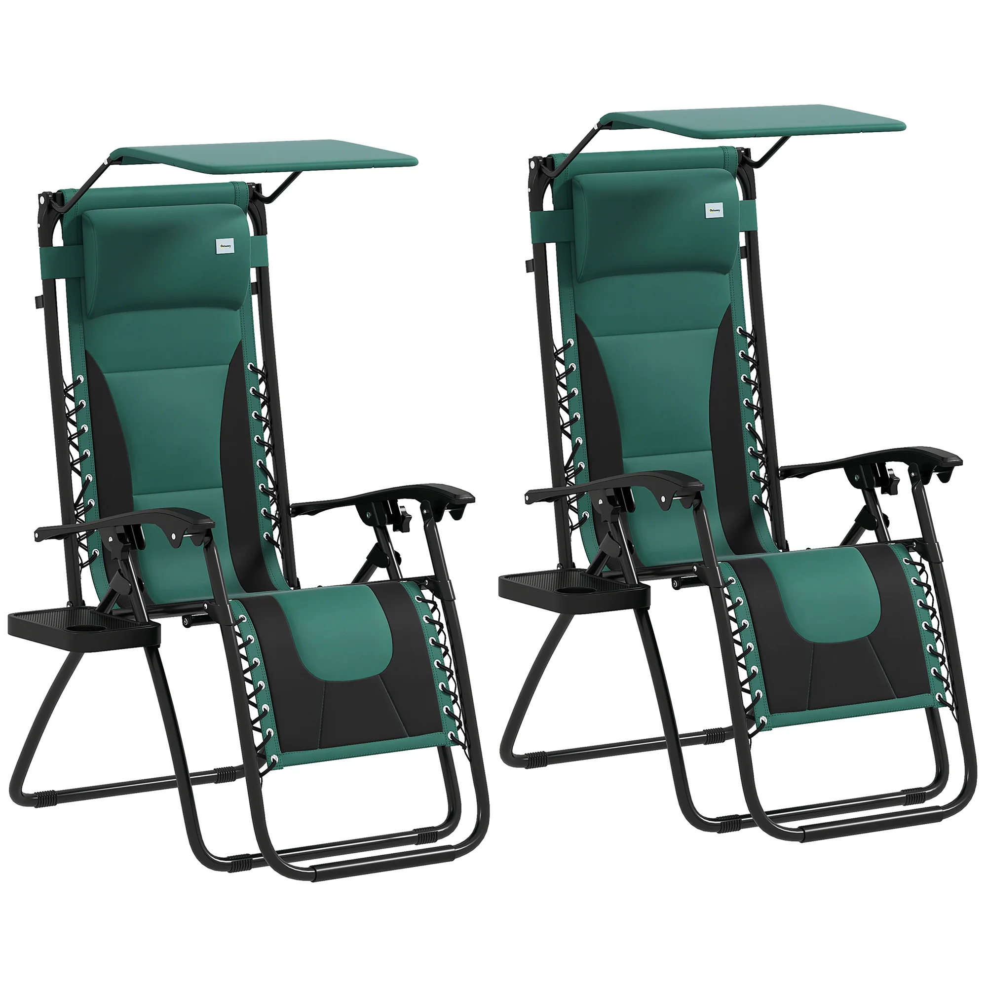 2 Piece Zero Gravity Folding Reclining Chair w/ Shade Cover, Padded Seat & Cupholder, Green - Image 12