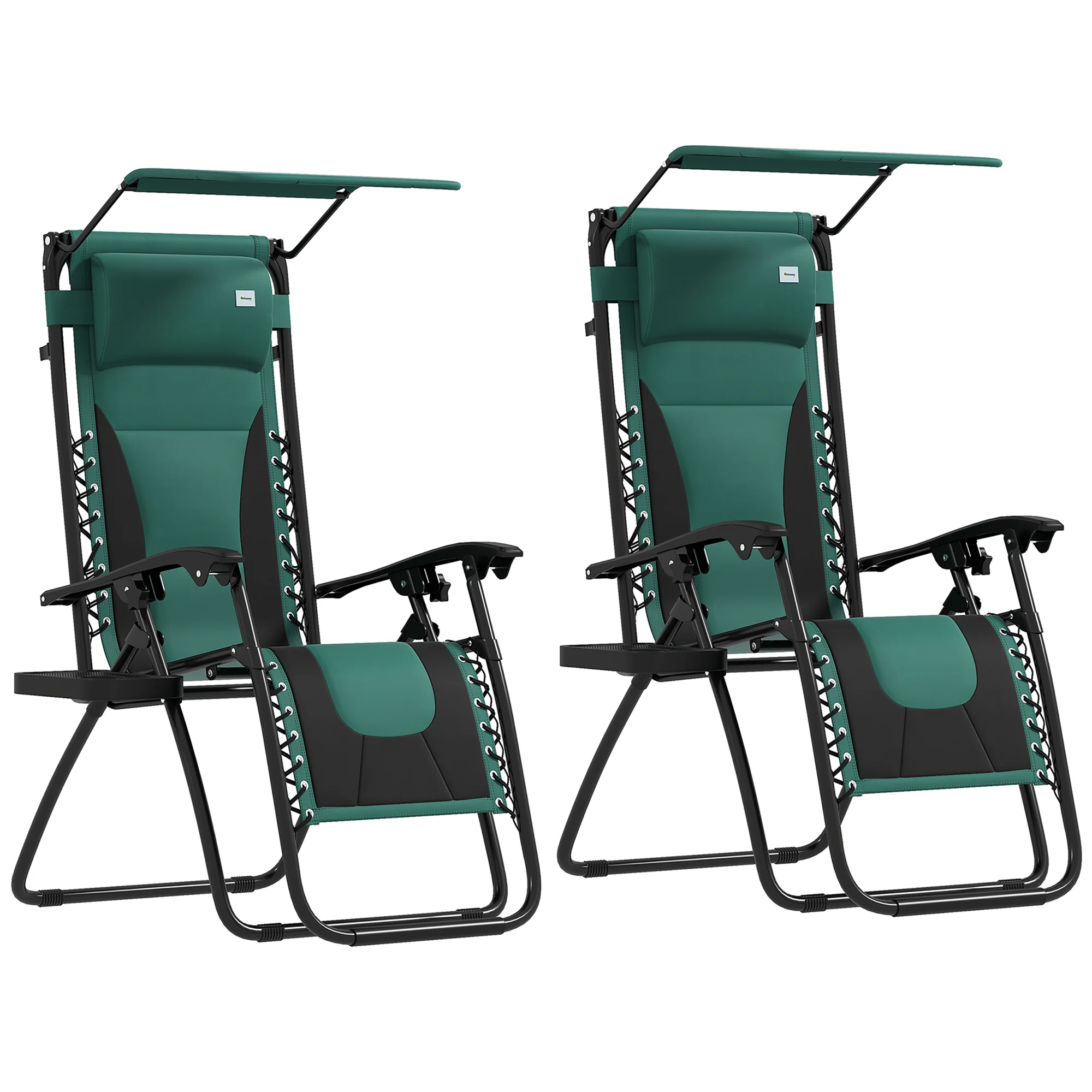 2 Piece Zero Gravity Folding Reclining Chair w/ Shade Cover, Padded Seat & Cupholder, Green - Image 2