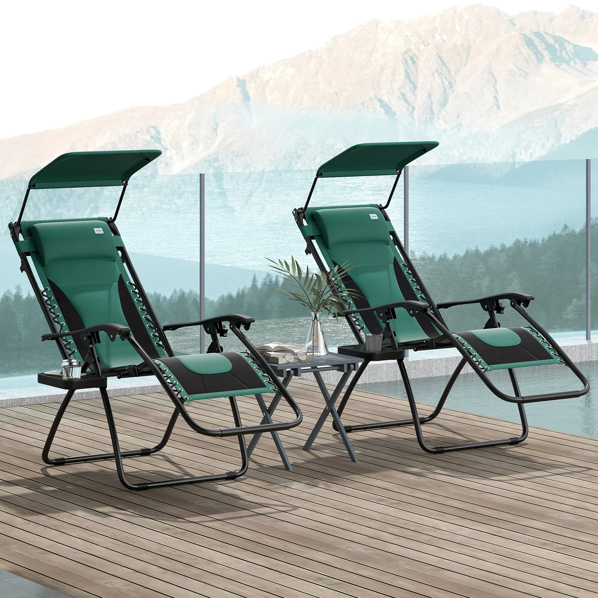 2 Piece Zero Gravity Folding Reclining Chair w/ Shade Cover, Padded Seat & Cupholder, Green - Image 3