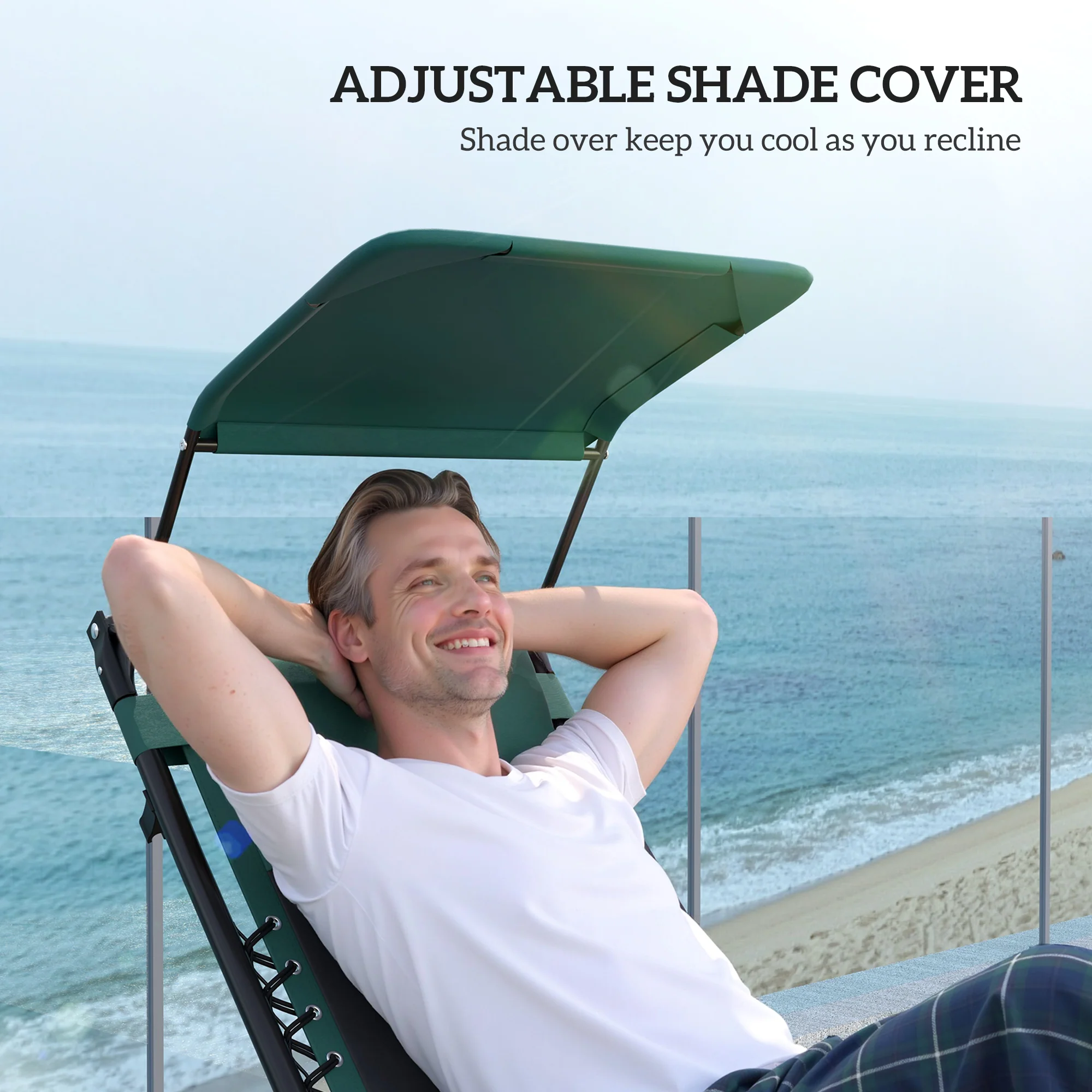 2 Piece Zero Gravity Folding Reclining Chair w/ Shade Cover, Padded Seat & Cupholder, Green - Image 8