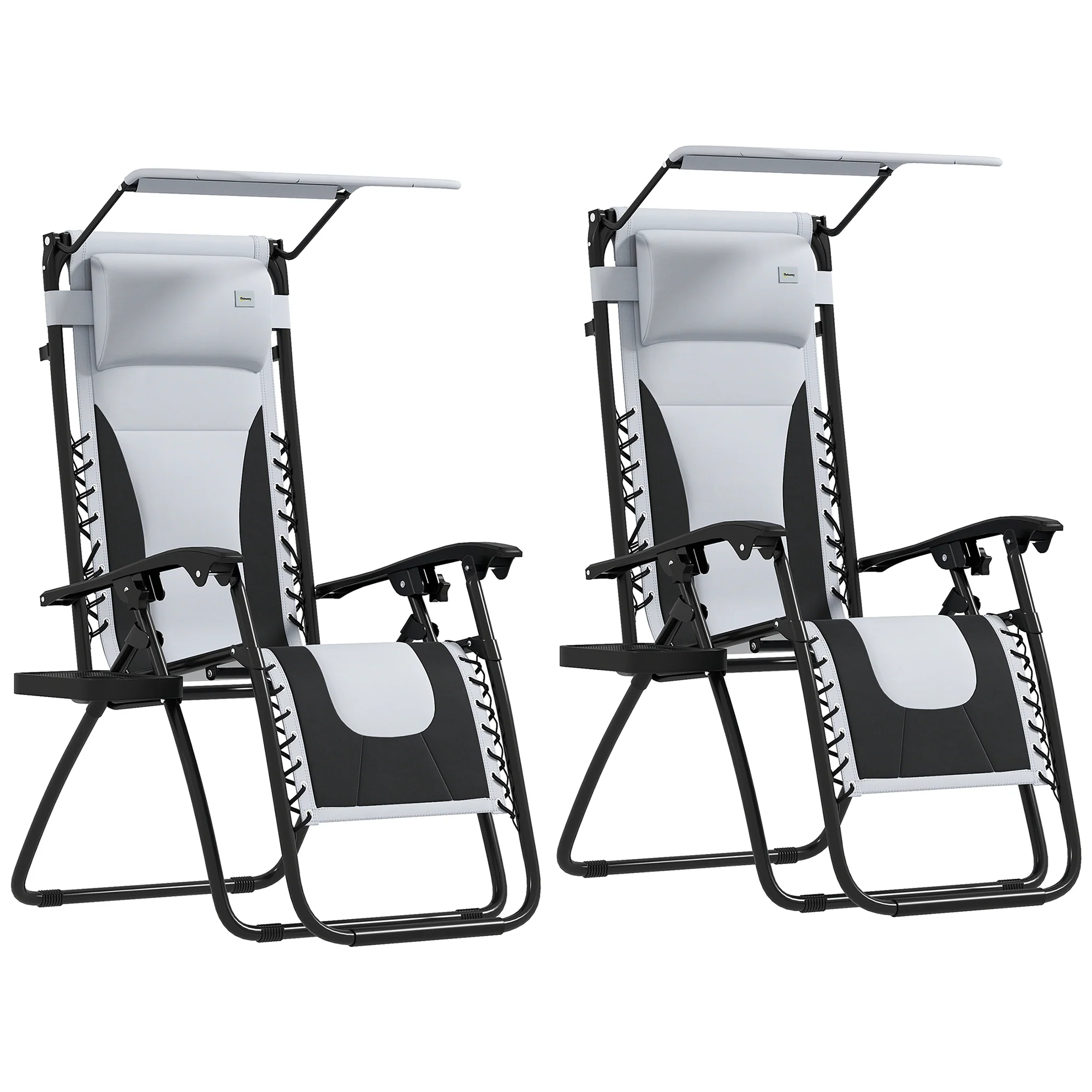 2 Piece Zero Gravity Folding Reclining Chair w/ Shade Cover, Padded Seat & Cupholder, Light Grey - Image 2