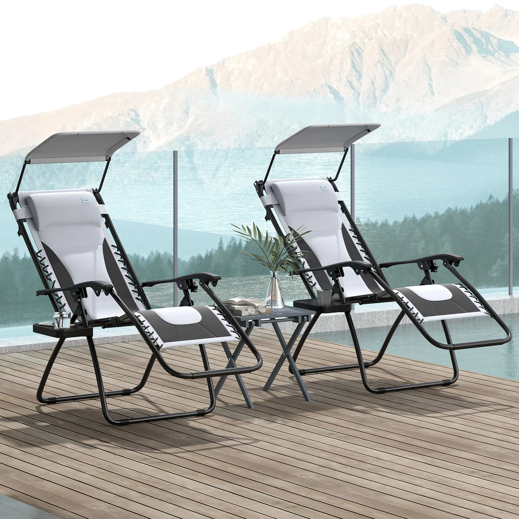 2 Piece Zero Gravity Folding Reclining Chair w/ Shade Cover, Padded Seat & Cupholder, Light Grey - Image 3