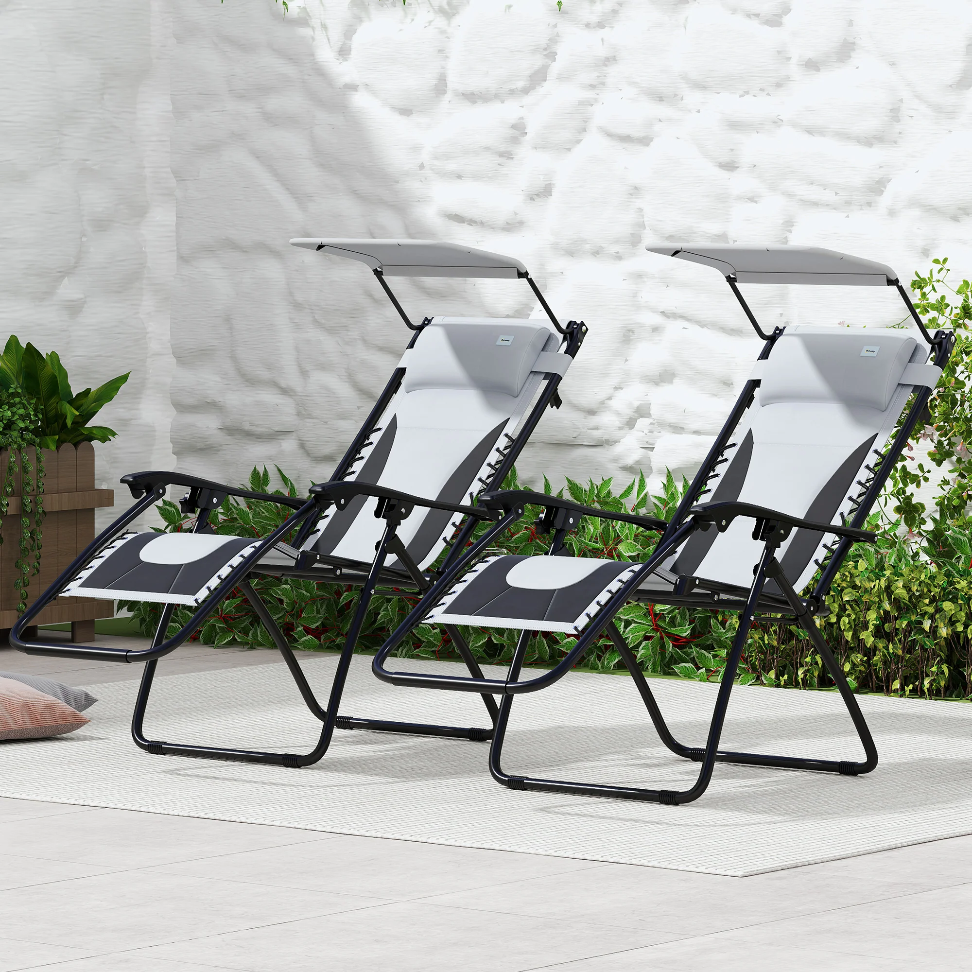 2 Piece Zero Gravity Folding Reclining Chair w/ Shade Cover, Padded Seat & Cupholder, Light Grey - Image 4