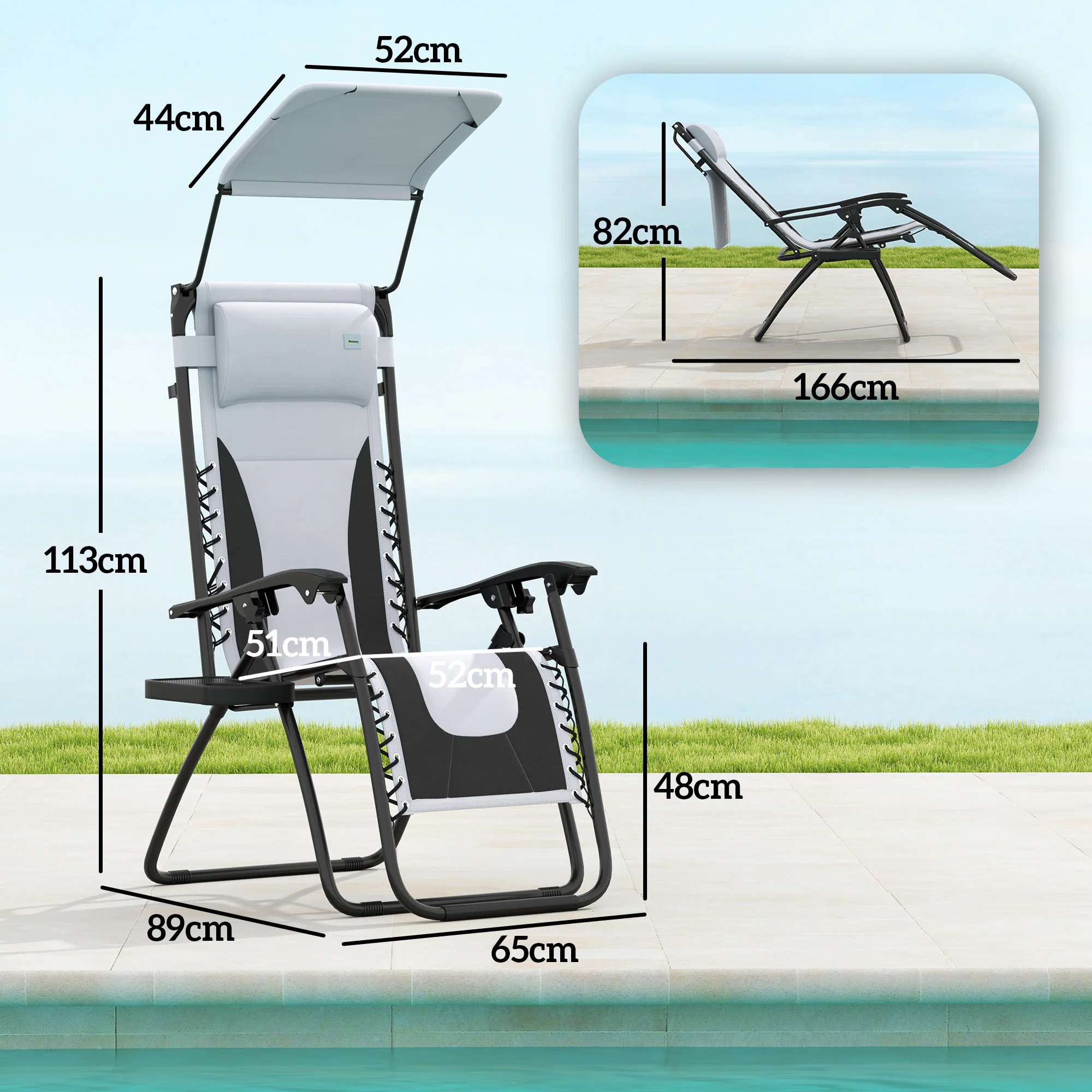 2 Piece Zero Gravity Folding Reclining Chair w/ Shade Cover, Padded Seat & Cupholder, Light Grey - Image 5