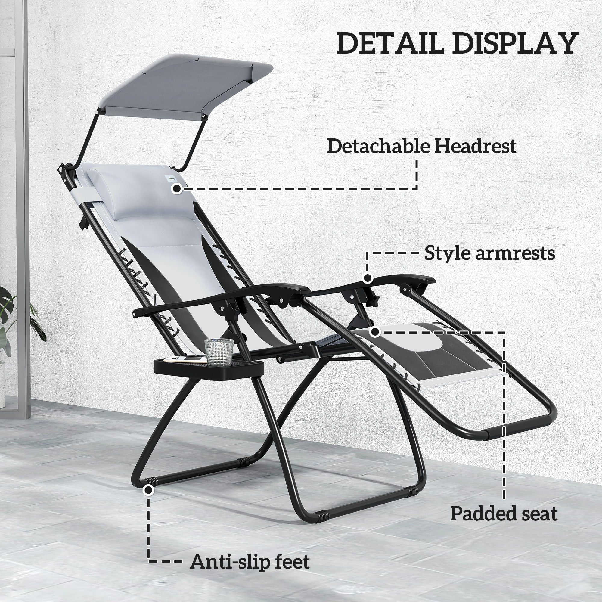 2 Piece Zero Gravity Folding Reclining Chair w/ Shade Cover, Padded Seat & Cupholder, Light Grey - Image 7